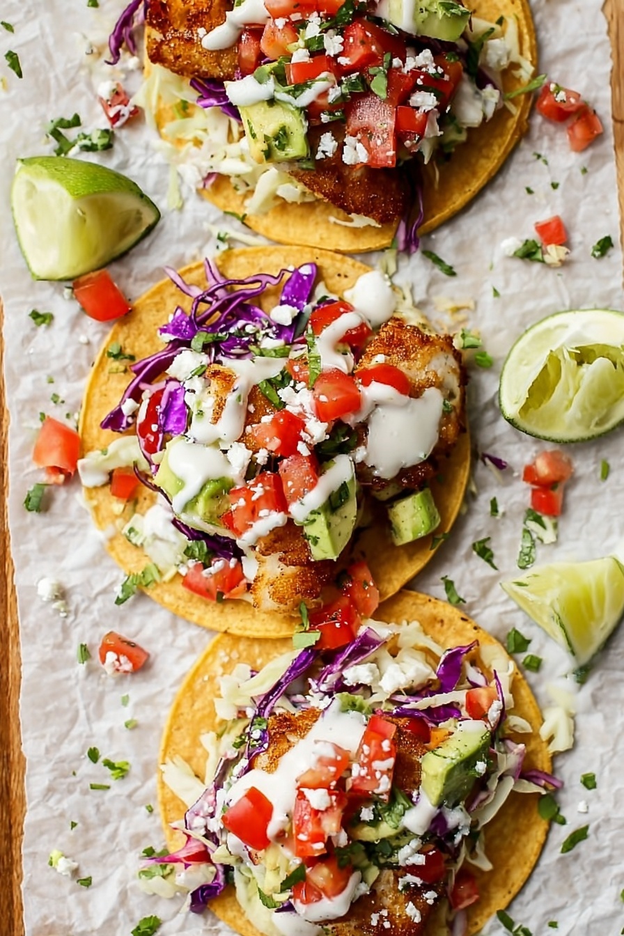 Vegan Fish Tacos with Fresh Toppings, vegan fish tacos, plant-based fish tacos, vegan taco recipes, healthy vegan tacos - The image shows three tacos on a white marbled surface with crumpled parchment paper underneath. Each taco has a yellow corn tortilla as the base layer. On top of the tortillas, there are pieces of golden-brown cooked fish fillets. The fish is topped with small cubes of green avocado and diced red tomatoes. There is also shredded purple cabbage, white crumbled cheese, and small pieces of white onion scattered across the tacos. A light drizzle of creamy white sauce covers the toppings on each taco. Around the tacos, there are quarter lime wedges and small bits of chopped green herbs sprinkled on the surface. Photo taken with an iphone --ar 2:3 --v 7
