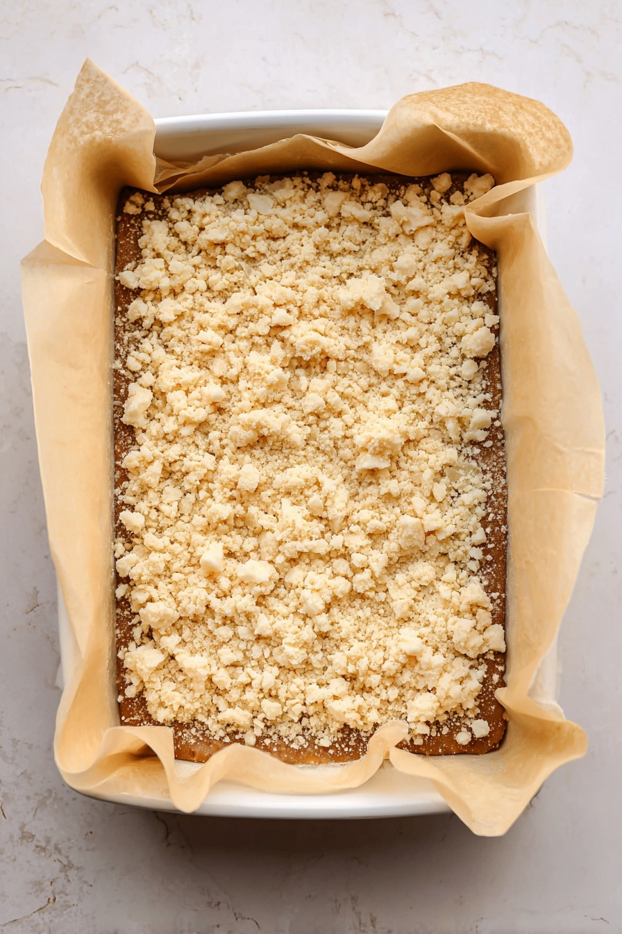 Vegan Pumpkin Crumble Bars, Pumpkin Bars Vegan, Fall Vegan Desserts, Pumpkin Crumble Bars Recipe, Vegan Pumpkin Bars - A rectangular dessert with two main layers sits inside a white baking dish lined with beige parchment paper. The bottom layer is a dense, medium brown base, smooth in texture. The top layer is made of scattered crumbly pieces in pale yellow and off-white colors, giving a rough and irregular look. The edges of the parchment paper fold up and around the dessert, creating a soft border. The whole dish rests on a white marbled surface. photo taken with an iphone --ar 2:3 --v 7