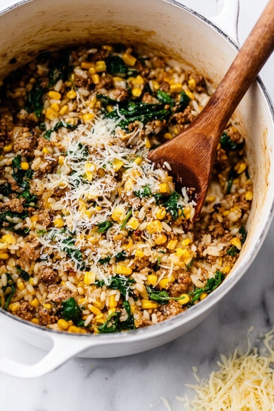 One-Pot Sausage and Spinach Orzo, easy sausage and spinach dinner, quick one-pot pasta with sausage, healthy sausage skillet, hearty spinach orzo recipe - A white pot filled with a textured mix of small yellow corn pieces, green spinach leaves, light brown cooked meat, and white rice mixed with grated cheese. A wooden spoon is resting inside the pot on the right side, partially submerged in the mixture, showing a rich combination of colors with bits visible on top and throughout. The pot is set on a white marbled surface with a small pile of shredded cheese in the lower right corner of the image. Photo taken with an iphone --ar 2:3 --v 7