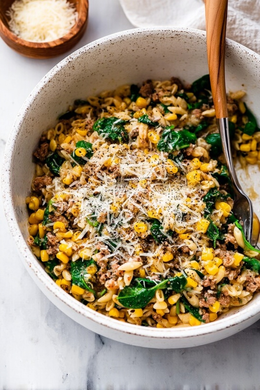One-Pot Sausage and Spinach Orzo, easy sausage and spinach dinner, quick one-pot pasta with sausage, healthy sausage skillet, hearty spinach orzo recipe - A white speckled bowl filled with a mix of small pasta, bright yellow corn kernels, green spinach leaves, and bits of cooked ground meat. The top is sprinkled with melted grated cheese and black pepper. A silver fork is resting inside the bowl, partially buried in the food. The bowl is on a white marbled surface with a small brown bowl of grated cheese nearby. Photo taken with an iphone --ar 2:3 --v 7