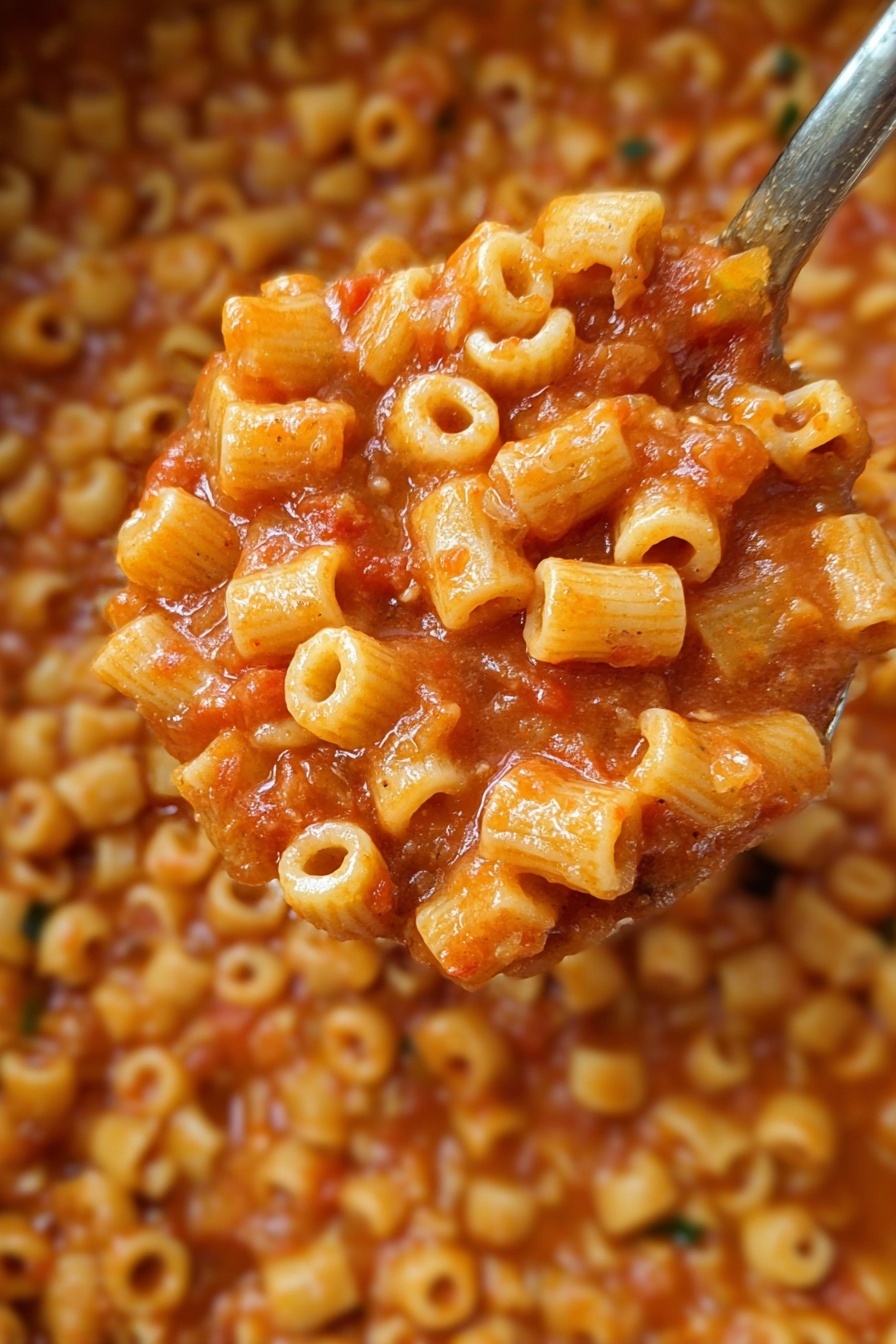 Creamy Pasta Fagioli Soup, hearty bean soup recipe, Italian comfort soup, quick pasta fagioli, wholesome soup with beans and pasta - A close-up view of a large spoon filled with small round pasta tubes coated in a smooth, orange-red tomato sauce mixed with small bits of herbs and vegetables, with more pasta in the same sauce filling the background, creating a dense textured look of pasta and sauce blending together, all set on a white marbled surface. photo taken with an iphone --ar 2:3 --v 7