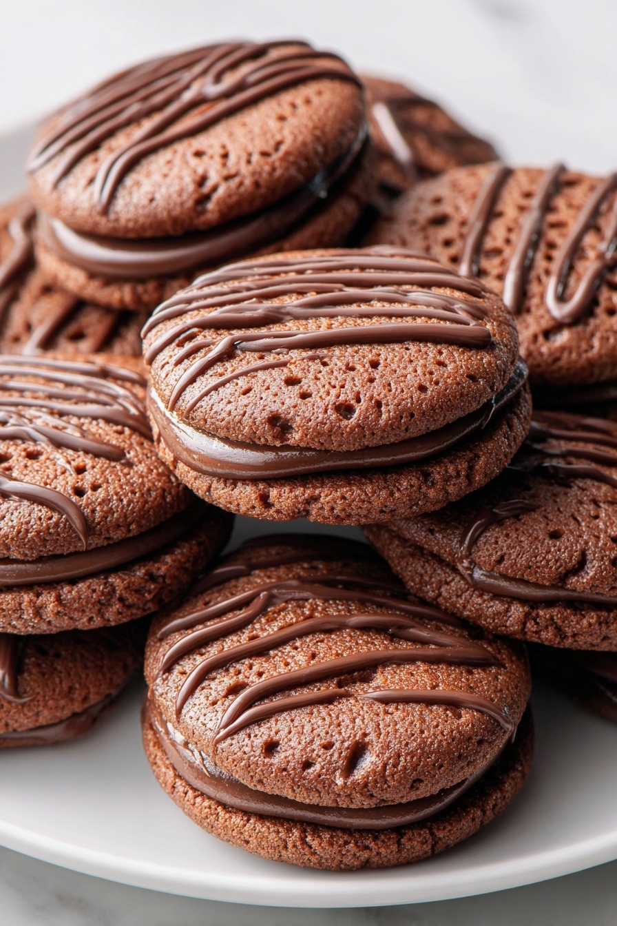 Chocolate Fudge Rounds Cookies, fudgy chocolate cookies, homemade chocolate sandwich cookies, easy chocolate cookie recipes, decadent cocoa cookies - A single chocolate cookie is placed in the center of a white plate on a white marbled surface. The cookie has two round layers with a smooth chocolate filling in the middle. The top layer is decorated with thin, wavy lines of chocolate drizzle. A bite is taken out of the cookie, showing the soft texture inside, and a small crumb lies nearby. In the background, a cooling rack with more cookies can be seen slightly out of focus, and a white glass of milk is partially visible on the left edge of the image. Photo taken with an iphone --ar 2:3 --v 7