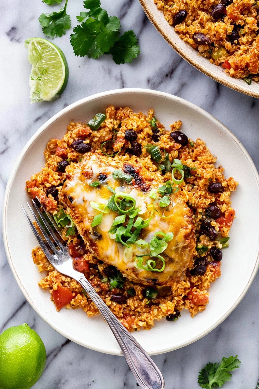 Salsa Chicken and Cauliflower Rice Skillet,healthy chicken skillet recipe,low-carb chicken dinner,sheet pan cauliflower rice meal,easy weeknight chicken dinner - A close-up view of a skillet filled with several pieces of grilled chicken topped with melted cheese and red sauce, each piece showing a mix of golden brown and white from the cheese, and red from the sauce. Underneath and around the chicken, there is a layer of orange-brown cooked rice mixed with black beans, scattered with green onion slices and small green herb leaves. The chicken pieces have a slightly crispy texture with melted cheese stringing between them. The skillet has a dark edge visible at the top, and a wooden spoon is lifting a portion from the side. Photo taken with an iphone --ar 2:3 --v 7