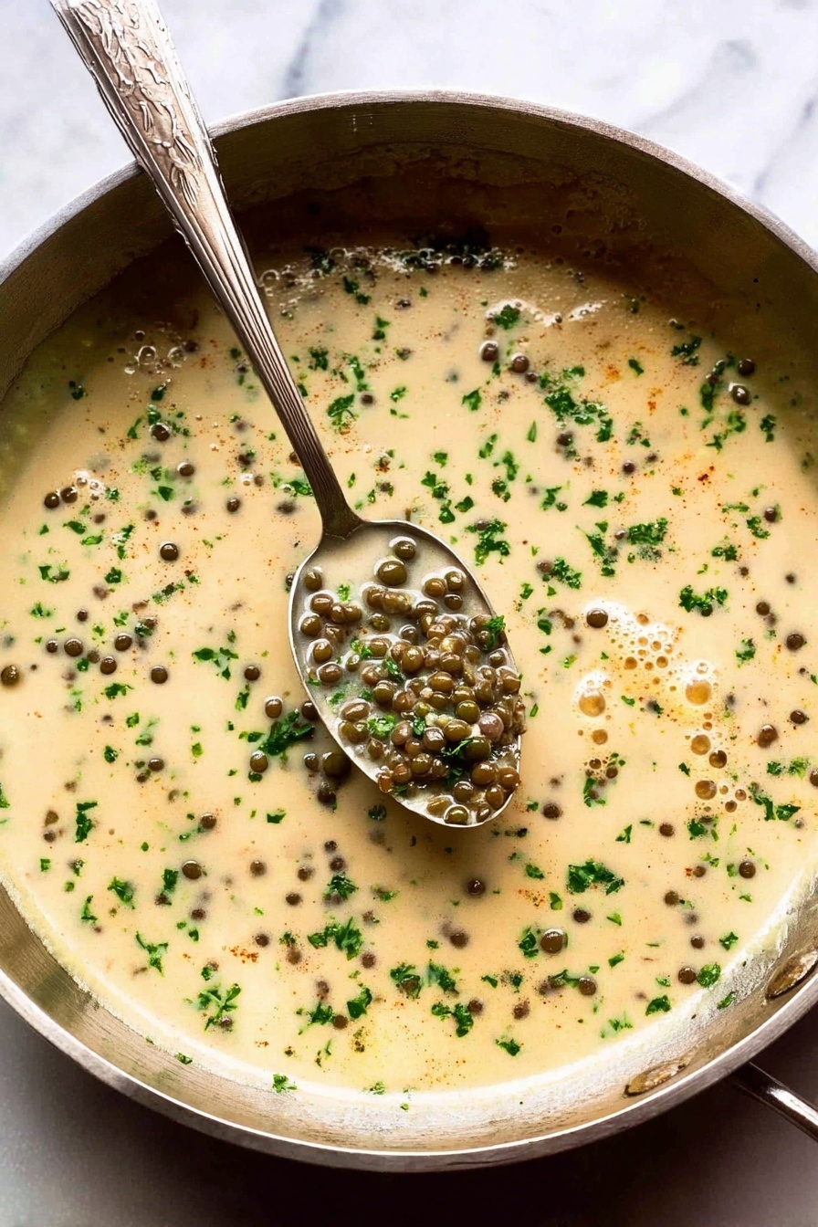 Lemon Caper Sauce for Fish and Poultry, lemon caper sauce, easy fish sauce, quick poultry sauce, bright lemon seafood sauce - A round metal pan filled with a creamy light beige sauce that has small green lentils and tiny green herbs sprinkled throughout. In the center of the pan, a silver spoon holds some of the lentils and sauce. The sauce has a smooth and slightly thick texture with visible bubbles on the surface. The background is a white marbled texture. Photo taken with an iphone --ar 2:3 --v 7