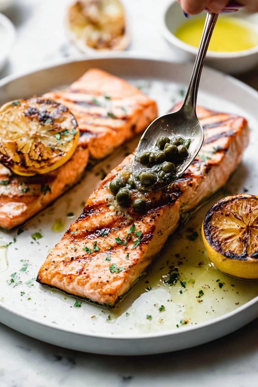 Lemon Caper Sauce for Fish and Poultry, lemon caper sauce, easy fish sauce, quick poultry sauce, bright lemon seafood sauce - Two grilled salmon fillets with visible dark grill lines lie on a white plate over a white marbled surface. One fillet in front is topped with a spoon held by a woman's hand, adding green capers and a drizzle of oil. Each fillet has a sprinkling of finely chopped herbs and pepper, adding green and black specks. On each side of the plate, there is a round grilled lemon half, showing a charred brown and yellow texture. The plate has some small scattered herb bits and oil drops around the salmon. A small bowl with yellow sauce is partly visible at the plate's edge in the bottom right corner. photo taken with an iphone --ar 2:3 --v 7