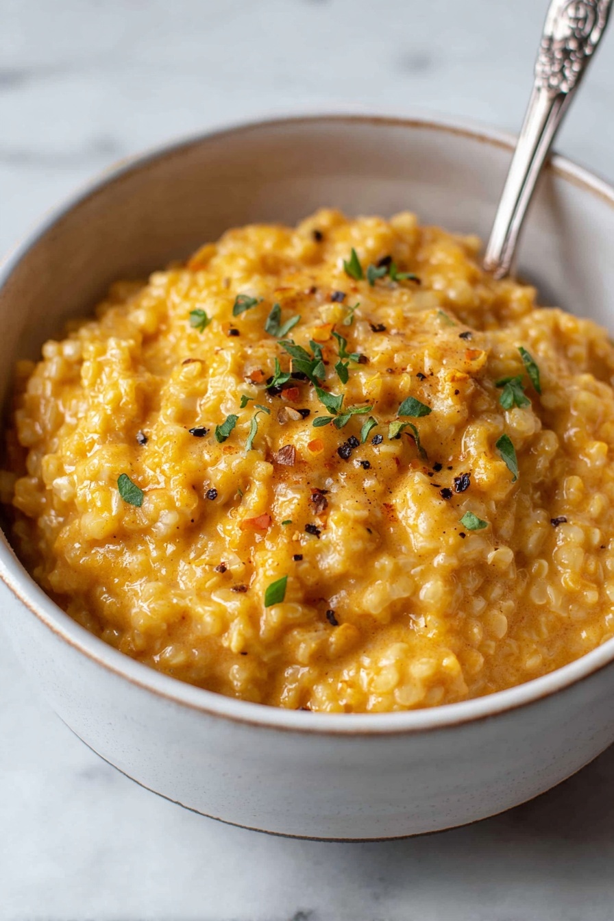 Cheesy Quinoa, cheesy quinoa recipe, creamy quinoa dish, quick quinoa dinner, vegetarian cheese quinoa - A close-up view of a bowl filled with a creamy, chunky orange-colored dish. The dish has small, round grains mixed in with a smooth sauce giving it a thick and hearty texture. It is lightly sprinkled with small green herb pieces and a few black pepper flakes on top. The bowl is white with a subtle shiny glaze, sitting on a white marbled surface. A silver spoon with a detailed handle is partially visible resting inside the bowl. Photo taken with an iphone --ar 2:3 --v 7