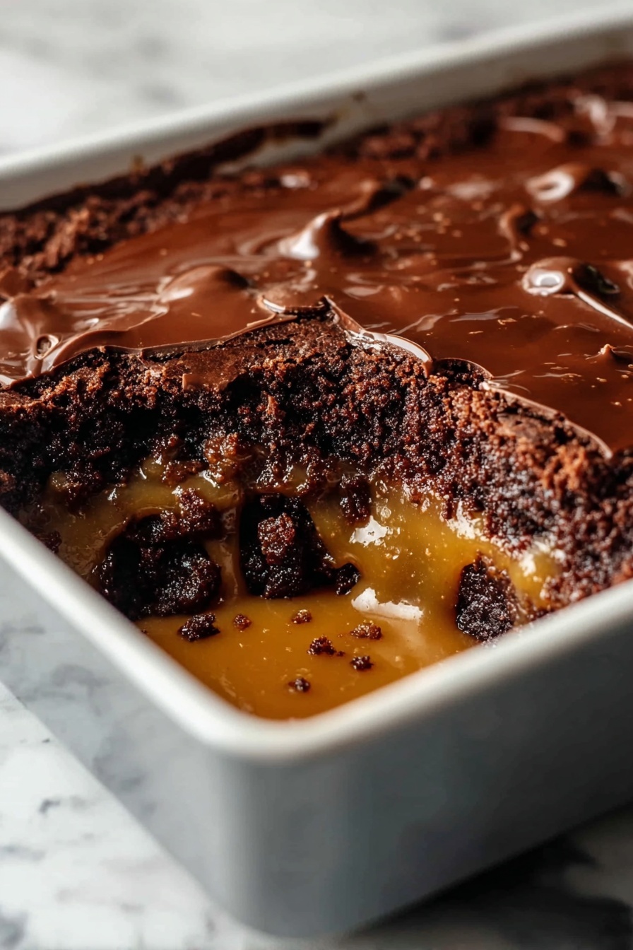 Chocolate Caramel Dump Cake, easy chocolate caramel dessert, quick dump cake recipe, no-bake caramel cake, indulgent chocolate caramel treat - The image shows a close-up view of a white baking dish with a chocolate dessert inside, which has three visible layers. The top layer is a shiny, melted dark chocolate with a slightly wrinkled texture. Below that is a thick, crumbly dark brown chocolate layer. The bottom layer is a smooth, golden caramel that is slightly spilled inside the dish. The dessert has a section cut out, revealing the gooey caramel dripping down and mixing with the crumbly chocolate layer. The background is a white marbled surface. photo taken with an iphone --ar 2:3 --v 7