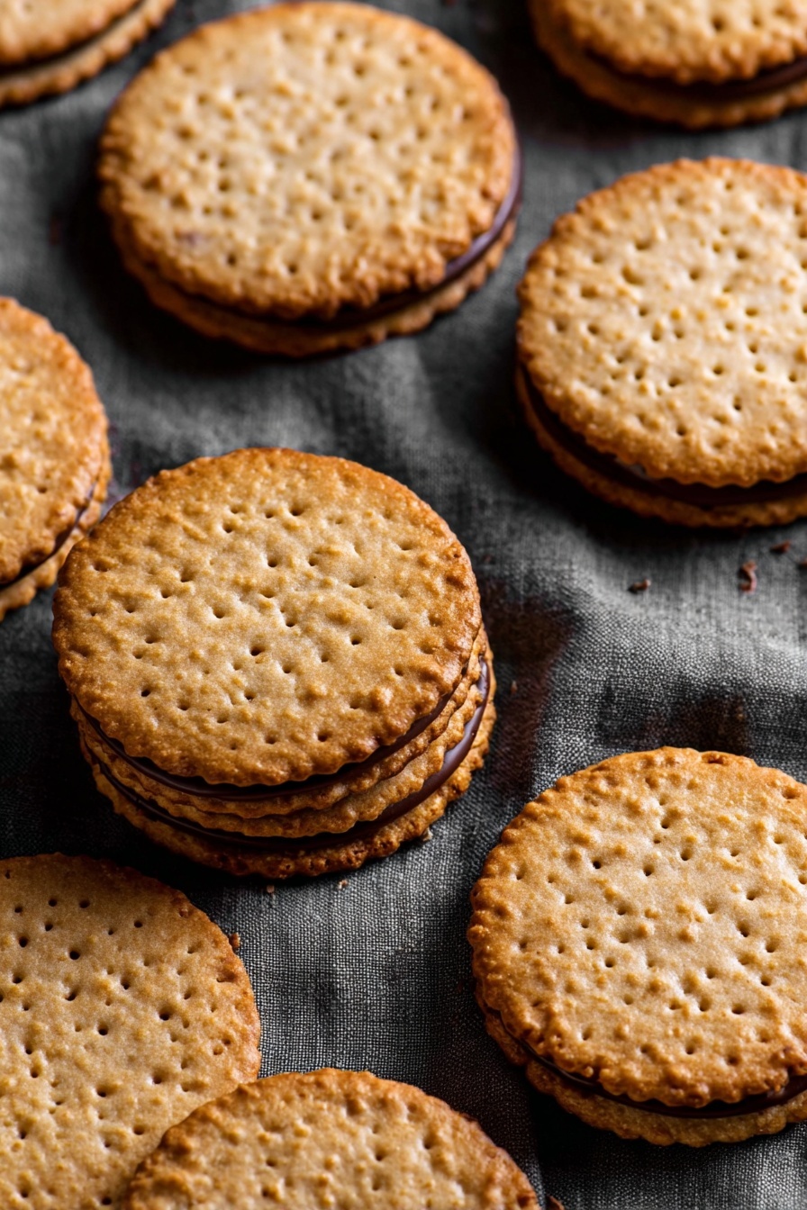 Almond Flour Lace Cookies with Nutella, almond flour lace cookies, Nutella lace cookies, crispy almond cookies with Nutella, easy Nutella cookie recipe - The image shows several round cookies with a golden-brown color and a slightly crispy texture. Each cookie has two thin, lacy layers with small holes throughout, sandwiching a smooth layer of dark chocolate in the middle. The cookies are stacked closely together on a white marbled surface, with clear focus on the front cookie while the background ones blur softly. The light highlights the crunchy texture of the cookie edges and the glossy finish of the chocolate layer. photo taken with an iphone --ar 2:3 --v 7