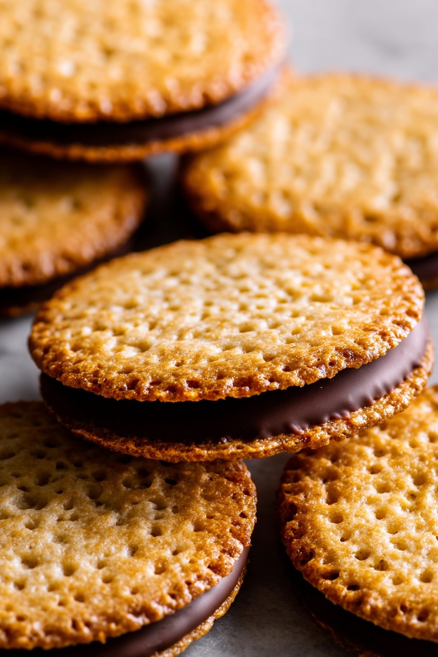 Almond Flour Lace Cookies with Nutella, almond flour lace cookies, Nutella lace cookies, crispy almond cookies with Nutella, easy Nutella cookie recipe - The image shows several round, thin cookies placed on a dark gray cloth with a rough texture. Each cookie has a light brown, slightly golden top with small holes and a crisp, uneven surface. Some cookies are stacked in pairs, revealing a layer of chocolate in the middle, giving a sandwich-like appearance. The cookies are spread out, with some overlapping each other, and they have a slightly shiny look. photo taken with an iphone --ar 2:3 --v 7
