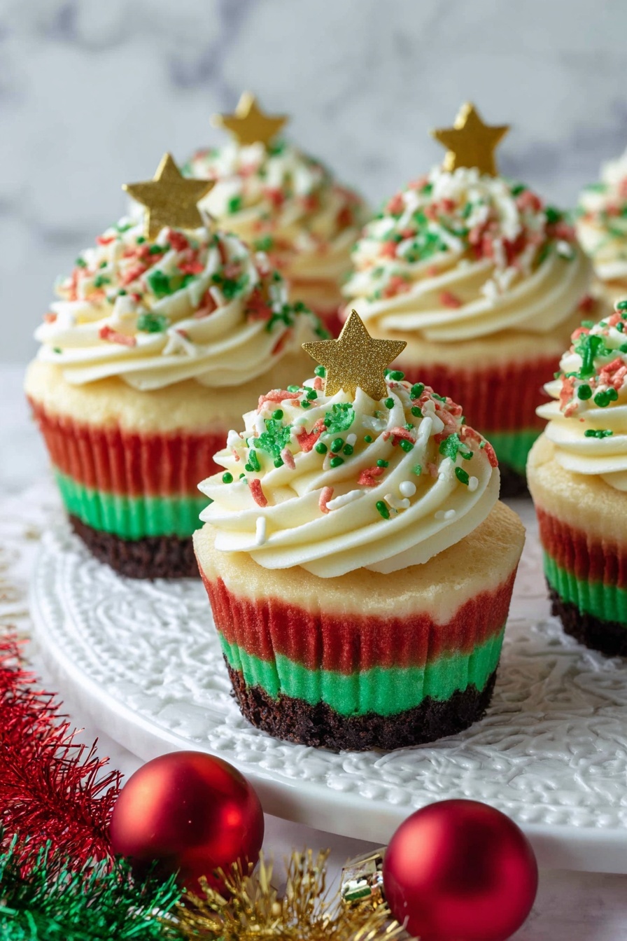Mini Christmas Cheesecake Bites, festive cheesecake desserts, holiday mini cheesecakes, Christmas party dessert bites, easy holiday cheesecake treats - The image shows six cupcakes with four visible layers set on a white marbled textured doily. The bottom layer is dark brown, followed by a creamy light beige layer, then a bright red layer, and topped with a green layer. Each cupcake is crowned with a large swirl of white frosting decorated with red, green, and gold sprinkles. A small gold star-shaped decoration sits on top of the frosting of the front cupcake. In the foreground, there are some red, shiny ornaments and green, red, and gold tinsel blurred out. Photo taken with an iphone --ar 2:3 --v 7