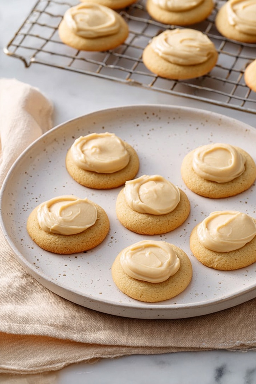 Eggnog Cookies, Holiday Cookies, Nutmeg Eggnog Cookies, Festive Cookie Recipes, Easy Eggnog Cookies - The image shows six round cookies placed evenly on a large white plate with subtle speckles. Each cookie is golden brown in color with a smooth dollop of creamy, light beige frosting spread on top, covering the center portion of the cookie. The plate is set on a soft beige cloth over a white marbled surface, and in the background, several more frosted cookies rest on a metal cooling rack. The scene is bright with soft, natural lighting highlighting the texture of both the cookies and the frosting. photo taken with an iphone --ar 2:3 --v 7
