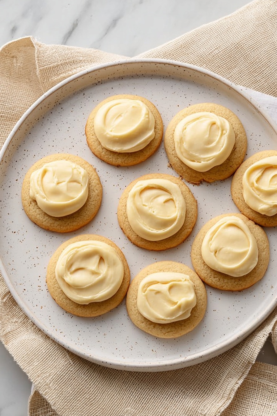 Eggnog Cookies, Holiday Cookies, Nutmeg Eggnog Cookies, Festive Cookie Recipes, Easy Eggnog Cookies - Seven round cookies with a light brown color and smooth texture are placed on a white speckled plate. Each cookie has a thick layer of creamy, pale yellow frosting spread on the top center, slightly glossy and soft. The plate sits on a light beige cloth with textured folds, and the background is a white marbled surface. Photo taken with an iphone --ar 2:3 --v 7
