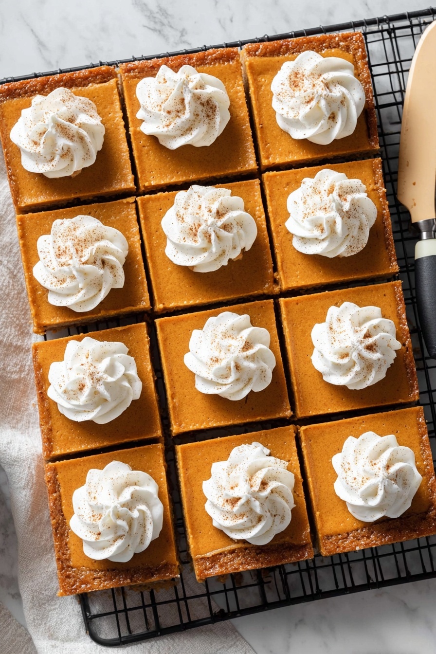 Pumpkin Pie Bars with Shortbread Crust, fall dessert recipes, easy pumpkin dessert, holiday pumpkin bars, seasonal pumpkin recipes - The image shows a square pumpkin dessert cut into 16 equal pieces, arranged neatly on a black cooling rack over white marbled texture. Each piece has a smooth orange pumpkin layer on top of a slightly darker orange crust base. On each square, there is a swirl of white whipped cream placed in the center, sprinkled lightly with a brown spice, likely cinnamon or nutmeg. A beige-handled knife is placed to the right side of the dessert. The overall look is clean and tidy, with sharp edges on the squares and soft, fluffy whipped cream swirls. Photo taken with an iphone --ar 2:3 --v 7