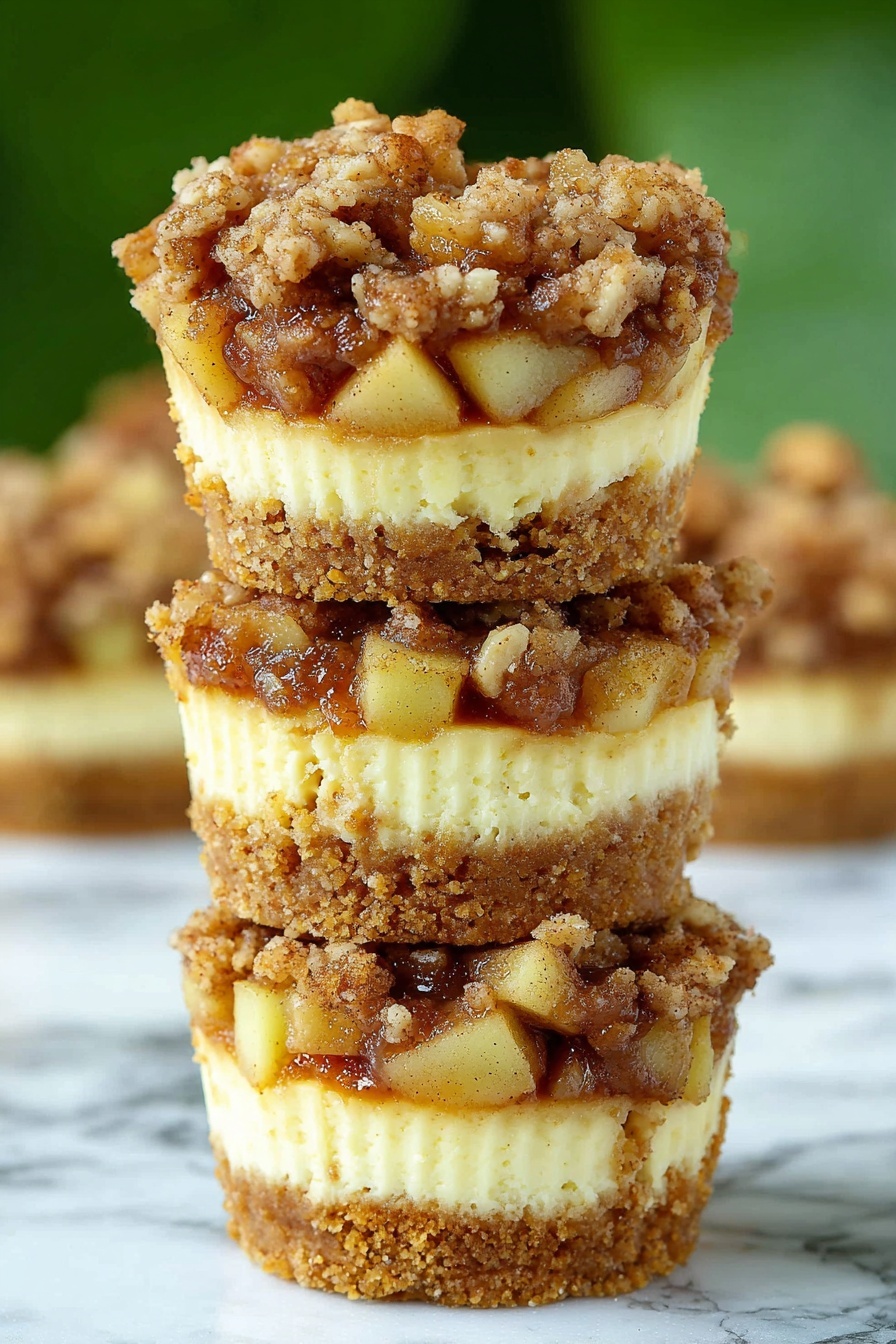 Apple Cinnamon Cheesecake Cupcakes, apple cinnamon cupcakes, cheesecake cupcakes with apples, spiced apple dessert, easy apple cheesecake treats - This image shows a stack of three mini cheesecakes with a crumbly texture. Each cheesecake has four layers: the bottom layer is a golden brown crumbly base, followed by a smooth, light yellow cheesecake layer. Above that is a chunky layer of diced apples mixed with a brown sauce, and the top layer is a thick crumbly streusel topping with bits of nuts. The cheesecakes are sitting on a white marbled surface with a green blurred background. Photo taken with an iphone --ar 2:3 --v 7