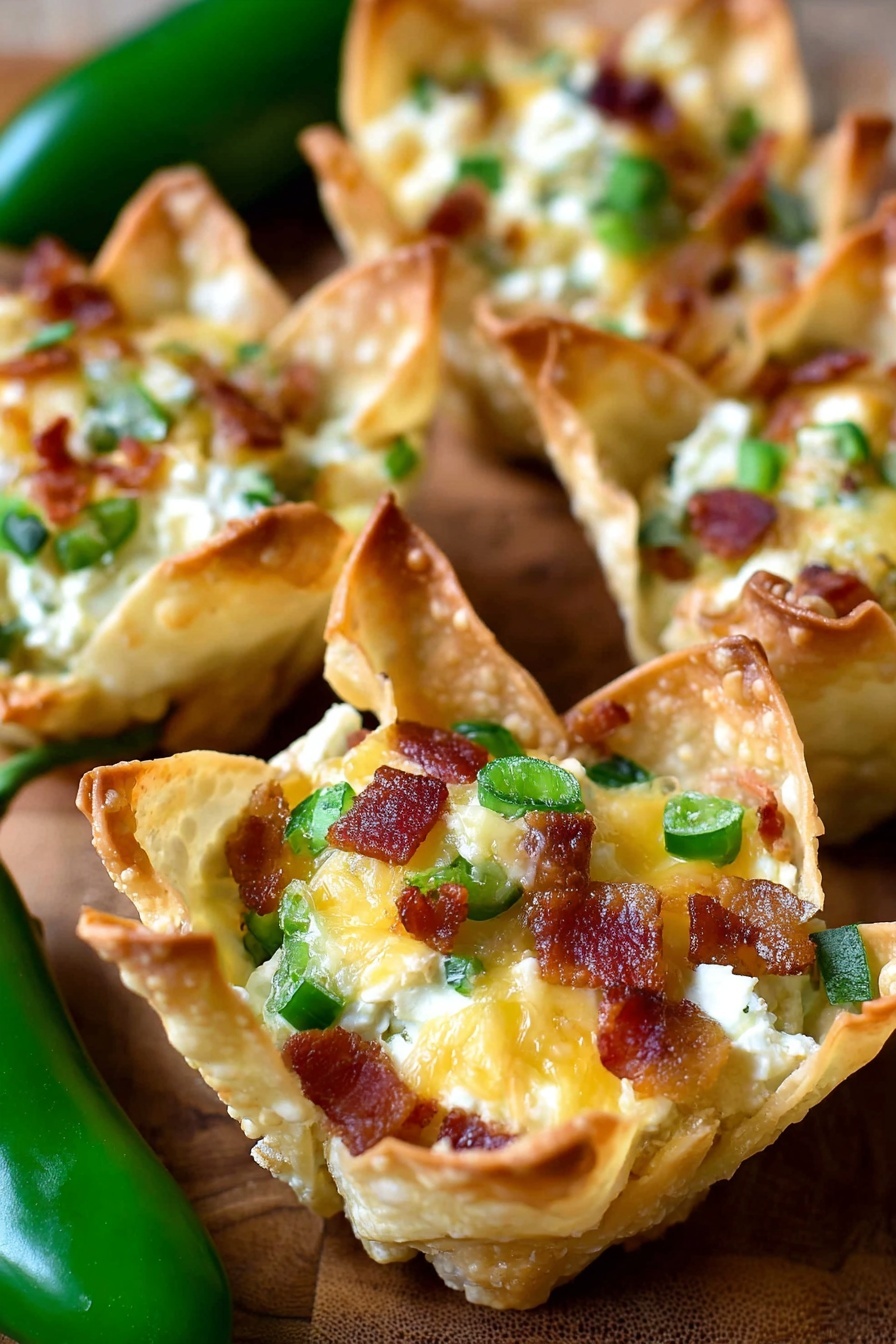 Jalapeno Popper Wonton Cups, spicy appetizers, cheesy jalapeno bites, easy party appetizers, bacon jalapeno cups - The image shows small taco cups with four layers inside each white, crispy shell. The base is a creamy, white cheese mixture. On top of this, there are pieces of green jalapeno peppers and melted bright yellow cheddar cheese scattered around. The top layer is made up of small pieces of crispy, reddish-brown bacon. The taco cups are placed on a wooden board with some green jalapenos around for decoration. Photo taken with an iphone --ar 2:3 --v 7