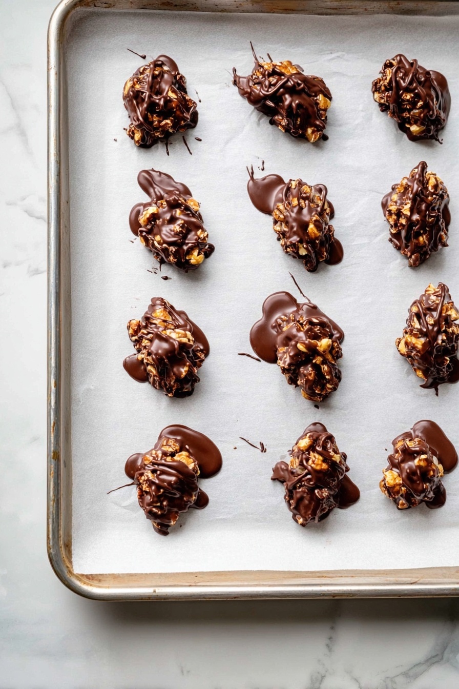 Chocolate Peanut Butter Stuffed Dates, healthy dessert ideas, easy sweet treats, no-bake date snacks, decadent snack recipes - The image shows a metal baking tray lined with white parchment paper, holding 14 small clusters of nuts that are partially covered with melted dark chocolate. Each cluster is irregular in shape, with a rough texture from the nuts, and glossy chocolate drizzled unevenly over the top, pooling slightly on the parchment underneath some pieces. The tray rests on a white marbled surface, and the overall look is neat but rustic, with the chocolate giving a shiny, smooth contrast to the crunchy nuts. photo taken with an iphone --ar 2:3 --v 7