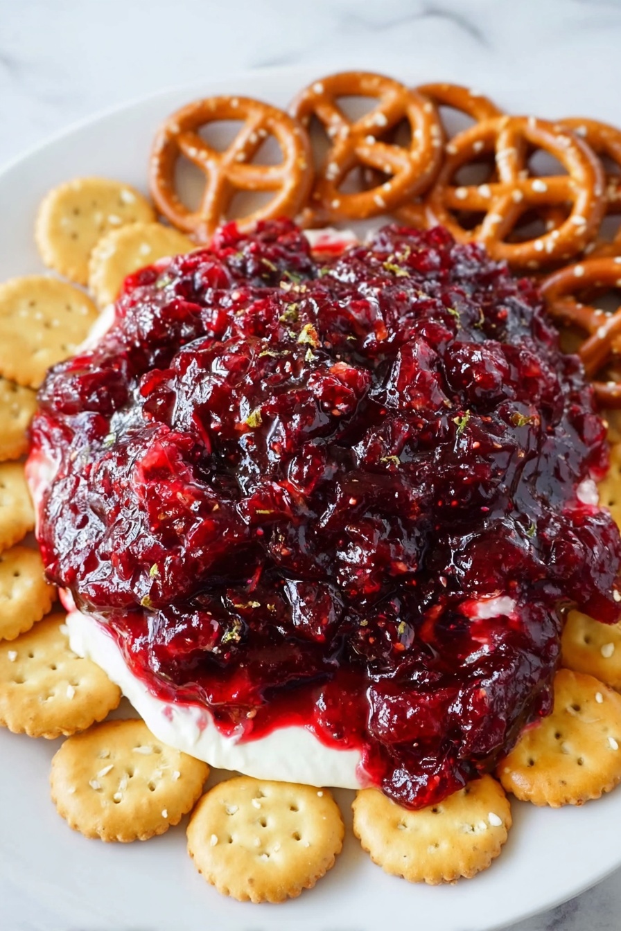 Cranberry Cream Cheese Dip with Pecans, holiday appetizer, easy cranberry dip, creamy fruit dip, festive cheese dip - The image shows a white plate with a thick, chunky deep red cranberry sauce piled on top of a layer of creamy white cheese or cream underneath, visible only at the edges. The cranberry sauce has a shiny texture with bits of cranberries and small chunks mixed in, creating a rich, uneven surface. The plate is surrounded by two different kinds of crackers arranged closely along the edge; on the top and right sides are light brown pretzel crackers with a twisted shape, and on the bottom and left sides are round, golden crackers with salted tops. All of this is placed on a surface with a white marbled texture. photo taken with an iphone --ar 2:3 --v 7