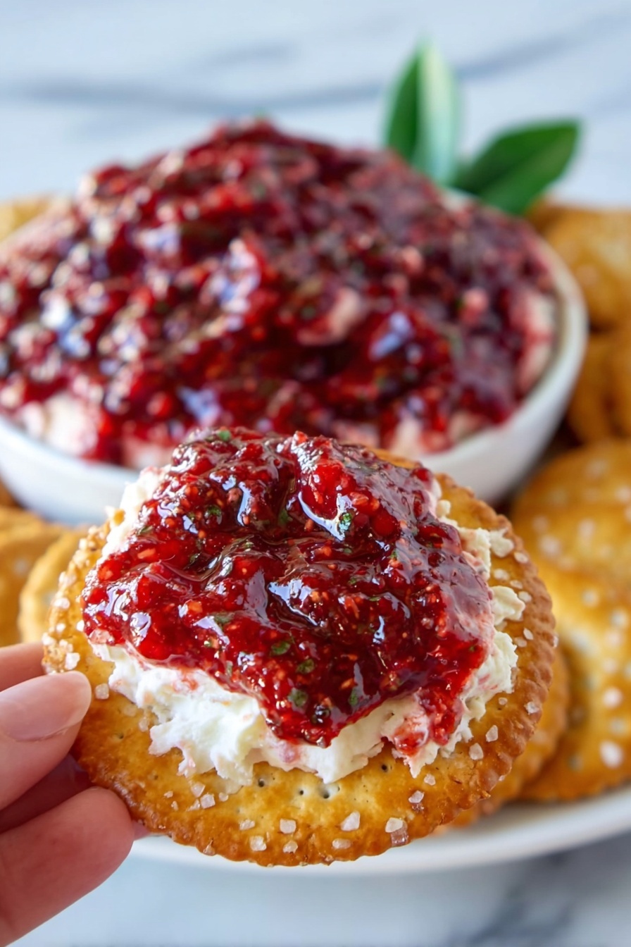 Cranberry Cream Cheese Dip with Pecans, holiday appetizer, easy cranberry dip, creamy fruit dip, festive cheese dip - A close-up of a woman's hand holding a round, golden-brown cracker sprinkled with salt. The cracker is topped with two layers: a creamy white layer underneath and a sticky red fruit layer on top, with visible small chunks and seeds giving it a textured look. In the background, a white bowl filled with the same layered spread sits on a white marbled surface, slightly blurred, with a green leaf garnish adding a touch of color. Photo taken with an iphone --ar 2:3 --v 7