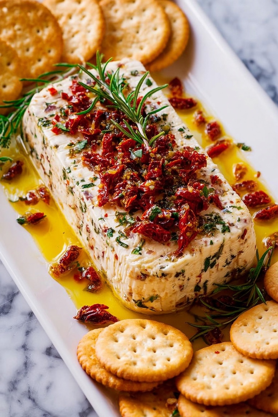 Italian Cheese Loaf Appetizer, cheesy Italian appetizer, easy cheese loaf recipe, party appetizer ideas, creamy cheese spread appetizer - A rectangular block of creamy cheese covered with finely chopped sun-dried tomatoes and small green rosemary sprigs sits at the center of a white rectangular plate. The cheese block is speckled with small herbs inside, adding texture and color. Around the cheese, golden round crackers are neatly arranged, touching the cheese and forming a half circle on the plate. The plate surface has a shiny layer of orange oil, with some chopped sun-dried tomatoes and herbs scattered on it. The whole scene is set on a white marbled surface. photo taken with an iphone --ar 2:3 --v 7