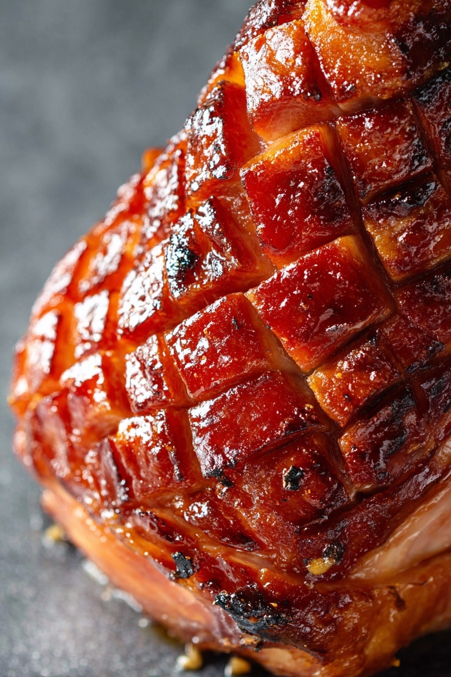 Brown Sugar Mustard Glazed Ham, flavorful ham glaze, holiday ham recipes, caramelized ham glaze, easy ham for holidays - The image shows a close-up of a cooked ham with a shiny, caramelized surface. The ham is scored in a diamond pattern, with the cuts revealing juicy layers beneath the crispy outer skin. The glaze on the ham gives it a glossy, reddish-brown color that shines under the light, highlighting the texture and slight charring at the edges. The background is a soft, blurred gray, which makes the ham stand out clearly. Photo taken with an iphone --ar 2:3 --v 7