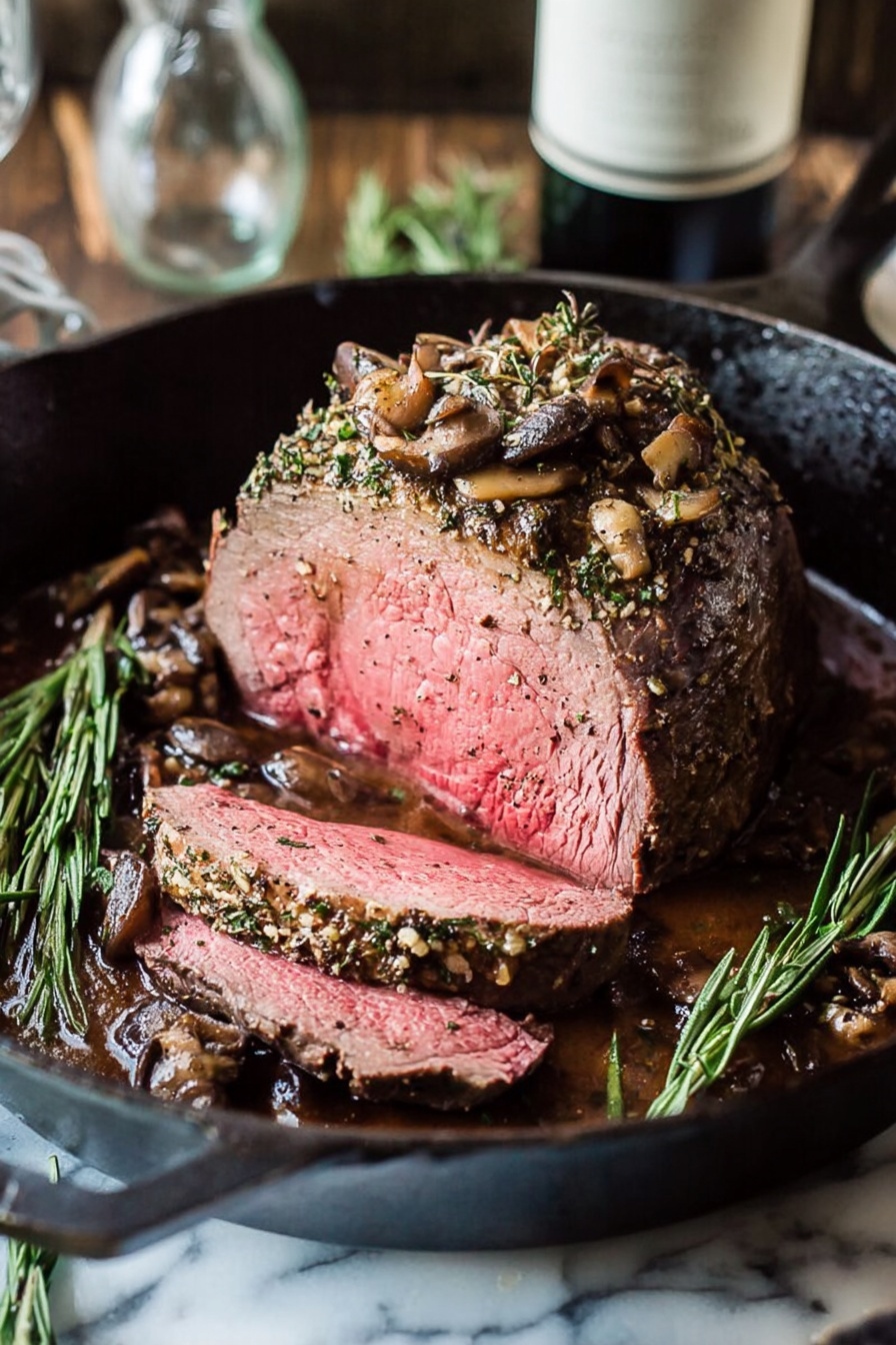 Herb-Garlic Roast Beef with Mushroom Sauce, roasted beef with mushroom sauce, garlic herb roast beef, flavorful roast beef recipe, elegant Sunday dinner ideas - A thick, round piece of cooked beef sits in the center of a black cast iron pan on a white marbled surface, with the top showing a browned crust covered in herbs and small mushroom pieces. Three slices cut from the beef reveal a pink center with a juicy texture, layered with bits of herbs and mushrooms on top, resting in a dark brown mushroom sauce that fills the pan base. There are sprigs of fresh green rosemary inside the pan near the meat, and in the background, there is a blurry bottle and a clear glass jar. The photo captures a warm, close-up view. Photo taken with an iphone --ar 2:3 --v 7