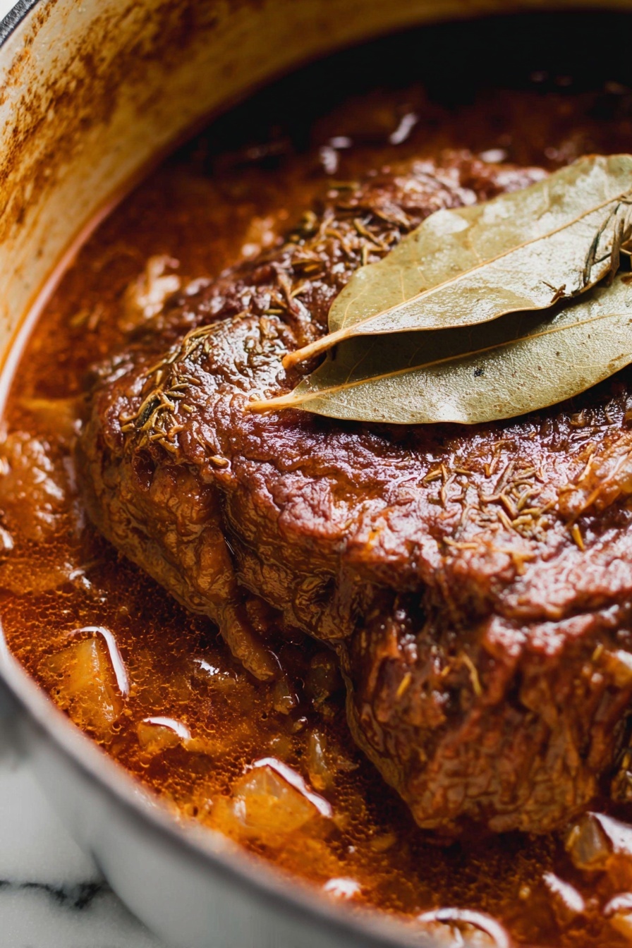 French Onion Pot Roast, French Onion Pot Roast recipe, hearty French roast with onions, caramelized onion pot roast, rustic French beef dish - The image shows a close-up of a rich, dark brown meat stew in a pot, with the main piece of meat at the center, covered in thick sauce. The meat has a textured surface with visible herbs and spices, and it looks tender and juicy. Two dry, light brown bay leaves rest on top of the meat, adding a layer of texture and color contrast. The stew sauce has a glossy finish with chunks visible around the edges, and the pot’s inner side is stained in a brownish color from the cooking. The background is a white marbled texture. photo taken with an iphone --ar 2:3 --v 7