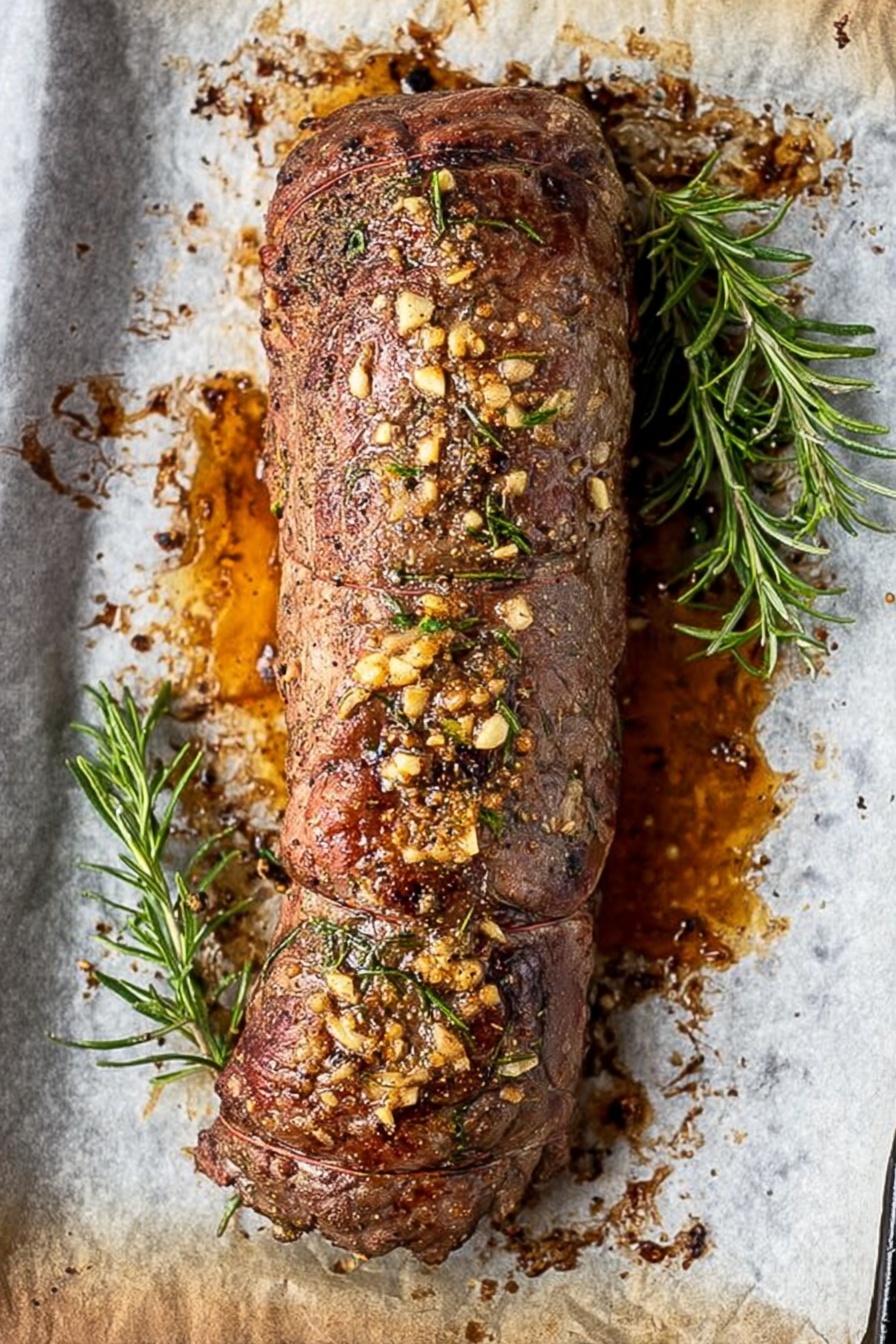Garlic Rosemary Beef Tenderloin Roast, beef tenderloin roast, herb-crusted beef, elegant beef dinner, easy holiday beef - A long, brown roast with a slightly crispy surface covered in small bits of golden toasted garlic and herbs sits on a sheet of baking paper that is browned and stained with cooking juices. The roast has a rough texture with some darker seared spots all over, and it is tied with string around it to keep its shape. Next to the roast, on the white marbled surface beneath the baking paper, are two fresh sprigs of green rosemary adding a pop of color. Photo taken with an iphone --ar 2:3 --v 7