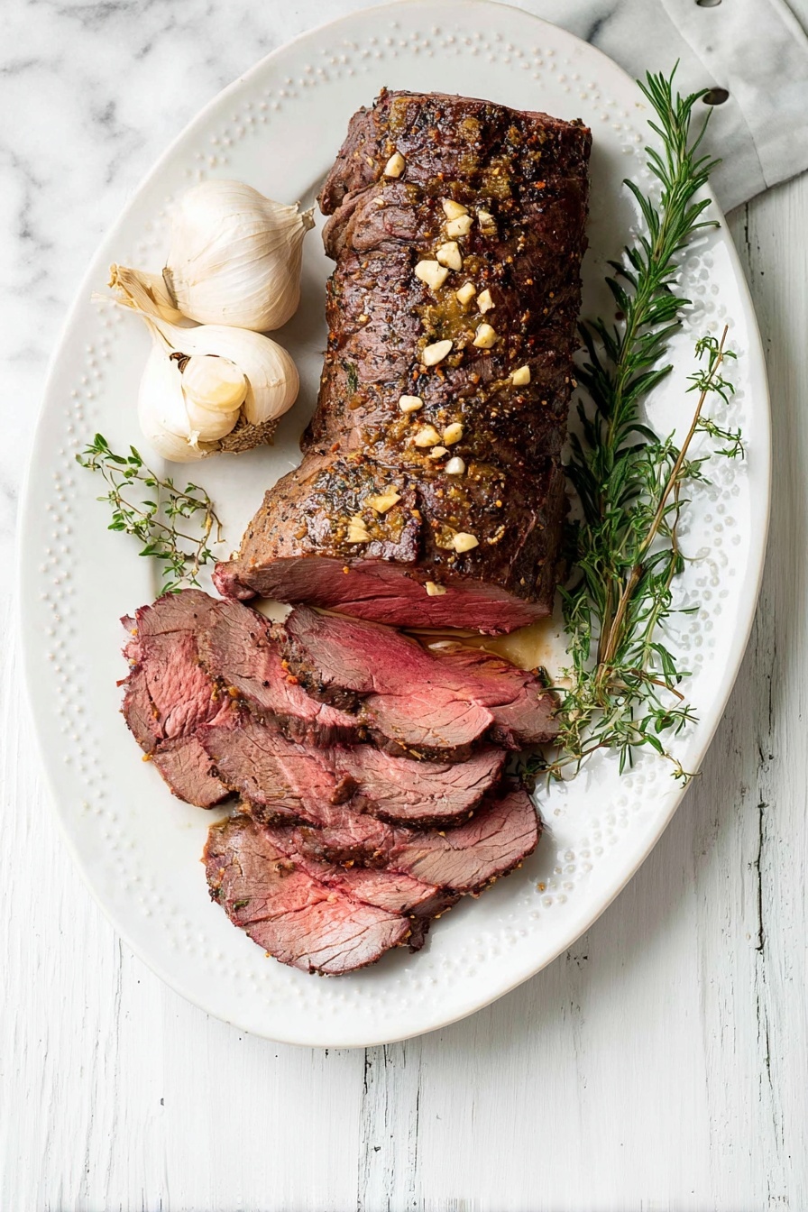 Garlic Rosemary Beef Tenderloin Roast, beef tenderloin roast, herb-crusted beef, elegant beef dinner, easy holiday beef - The image shows a white oval plate on a white marbled surface holding a cooked beef roast. The roast has a dark brown, seasoned top layer with visible bits of garlic and herbs. Part of the roast is sliced into several medium-thin pieces, revealing a pink, juicy inside with a slight sear on the edges. Two whole heads of garlic and small sprigs of fresh rosemary lie beside the meat on the plate. The plate has a textured rim with a handle on the bottom side. photo taken with an iphone --ar 2:3 --v 7