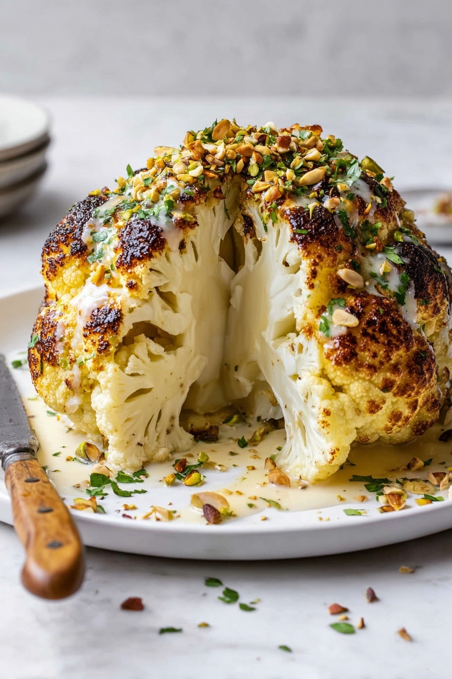 Roasted Cauliflower with Tahini Sauce, roasted cauliflower recipe, tahini sauce ideas, healthy roasted cauliflower, easy vegetarian dinner - A whole roasted cauliflower is placed on a white plate with a slice taken out from the front, showing the creamy white interior layers of the cauliflower. The outside is golden with charred dark brown spots, covered in a light creamy sauce that drips down the sides. On top, there are chopped green herbs and crushed nuts sprinkled for texture and color. A knife with a wooden handle lays on the plate beside the cauliflower. The setting is on a white marbled surface. Photo taken with an iphone --ar 2:3 --v 7