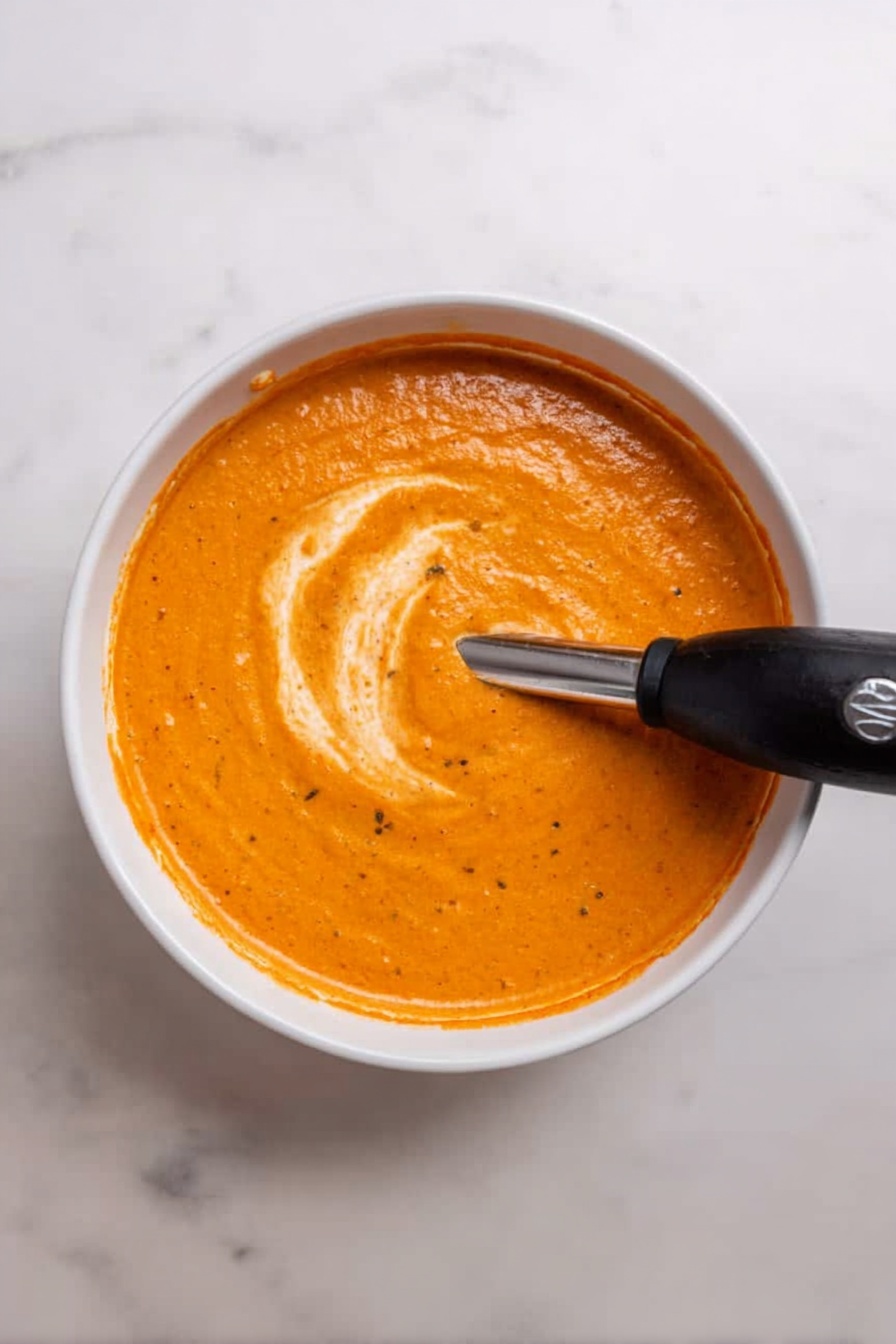 Creamy Roasted Vegetable Soup, roasted vegetable soup, easy veggie soup, healthy vegetable soup, comforting vegetable soup - A bowl filled with thick, smooth orange sauce sits on a white marbled surface. The sauce shows some specks, likely herbs or spices, and has a swirl of lighter cream creating a small curved pattern on top. A black immersion blender is dipped into the bowl, partially blending the swirl into the sauce. The bowl itself is white, round, and simple, with the sauce evenly filling most of it. photo taken with an iphone --ar 2:3 --v 7