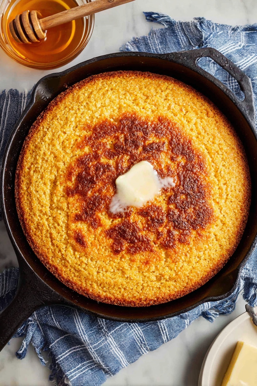 Moist Homemade Cornbread with Honey, homemade cornbread recipe, sweet cornbread, easy cornbread with honey, buttery cornbread - A golden brown, crispy cornbread sits in a black skillet, topped with a small melting pat of white butter in the center. The cornbread's surface is textured with a mix of crispy edges and softer middle areas, showing a warm yellow and brown color mix. Around the skillet is a blue and white striped cloth on a white marbled surface. To the top left, there is a glass bowl filled with golden honey and a wooden honey dipper resting across it. At the bottom edge, there is a knife with butter next to a white plate. Photo taken with an iphone --ar 2:3 --v 7