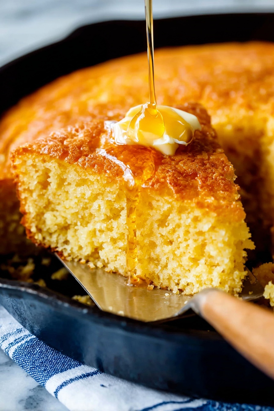 Moist Homemade Cornbread with Honey, homemade cornbread recipe, sweet cornbread, easy cornbread with honey, buttery cornbread - A golden brown cornbread is shown in a black cast iron skillet with a slice removed. The top layer is crispy and crumbly with a shiny spot where a small piece of butter is melting. The inside is light yellow and moist with a soft texture. A metal spatula with a wooden handle is partly under the removed slice, resting inside the skillet. The skillet is on a blue and white striped cloth over a white marbled surface. Photo taken with an iphone --ar 2:3 --v 7