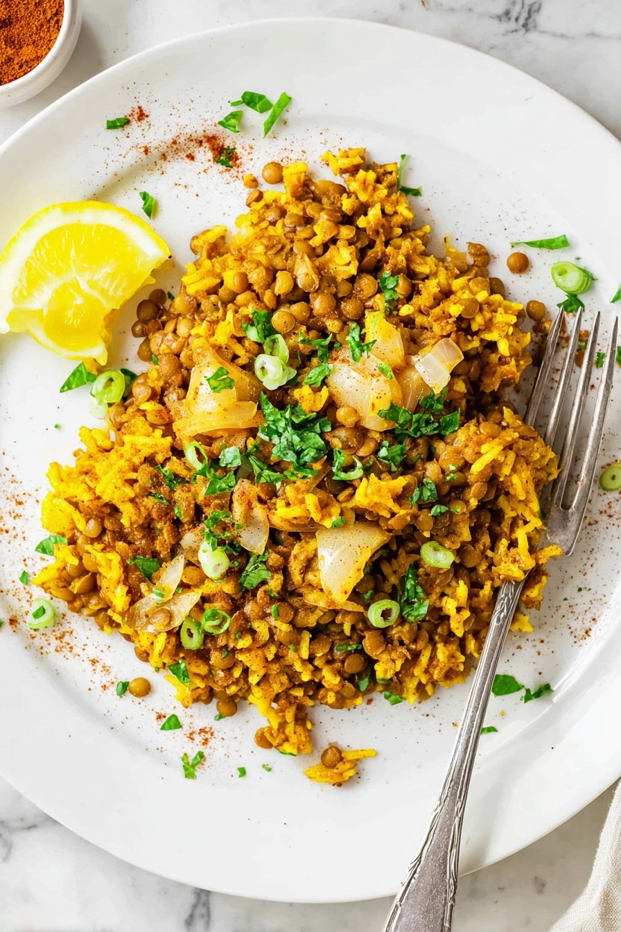 Mujadara Lentils and Rice, Middle Eastern Lentils and Rice, Vegetarian Mujadara, Easy Lentil and Rice Dish, Comforting Plant-Based Meal - The image shows a white plate filled with a mix of yellow rice and brown lentils, topped with small pieces of cooked onion that have a soft, slightly translucent texture. On top, there are chopped green herbs and thin slices of green onion scattered around, adding a fresh touch. On one side of the plate, there is a small lemon wedge placed close to the rice and lentils. The plate rests on a white marbled surface, and a silver fork is placed to the right of the plate. Some drops of oil and a light sprinkling of spice powder are visible on the plate near the food. photo taken with an iphone --ar 2:3 --v 7