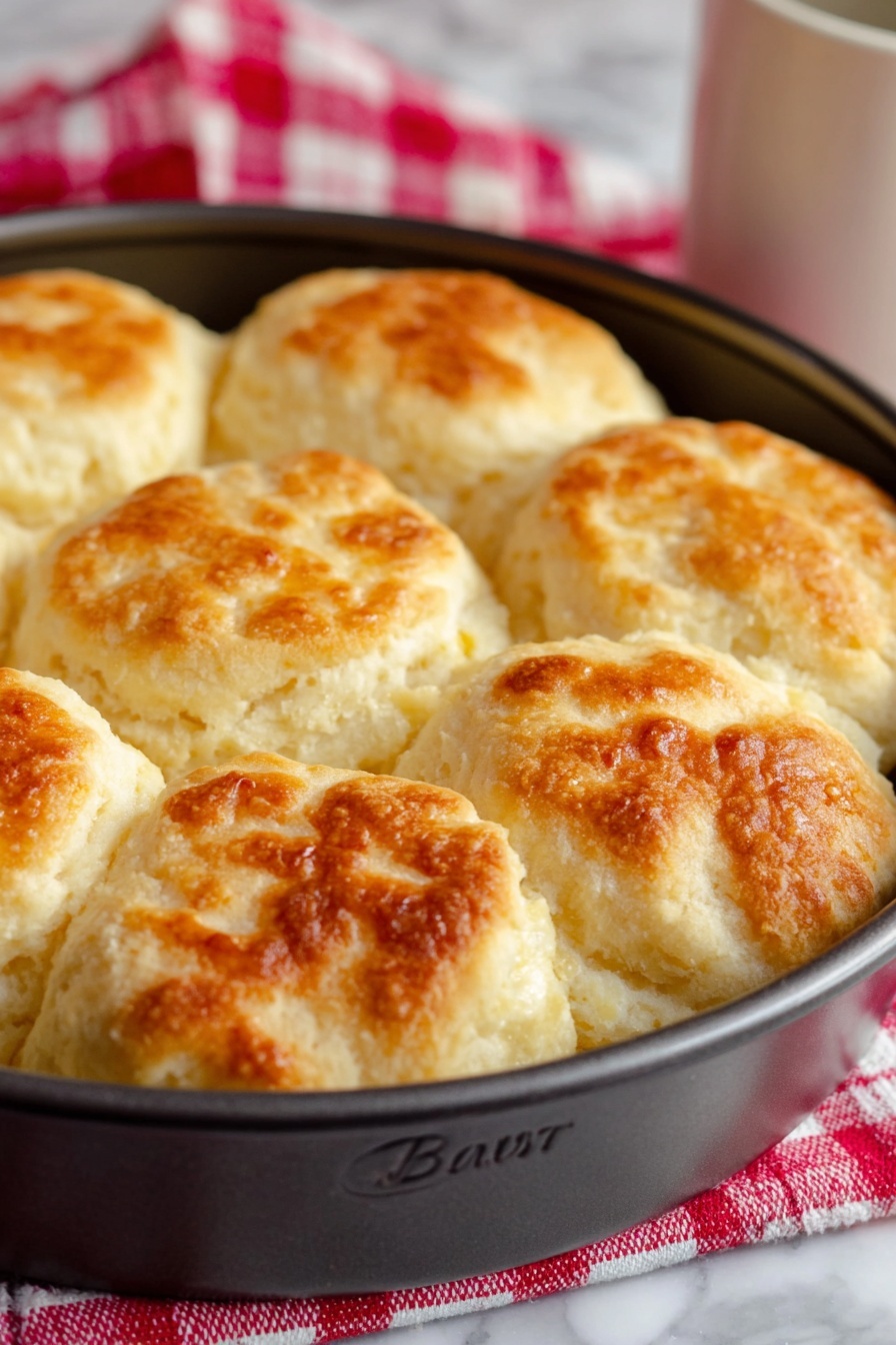 Homemade Angel Biscuits, easy biscuit recipe, flaky homemade biscuits, soft butter biscuits, breakfast biscuit recipes - The image shows a close-up of seven golden-brown biscuits arranged tightly together in a dark round baking pan. Each biscuit is thick and soft with a slightly crisp and shiny browned top layer, showing uneven golden patches with a fluffy light texture underneath. The biscuits fill the pan fully, with the edges touching the sides. The pan sits on a white marbled surface with a red and white checkered cloth nearby and a blurred white mug in the background. photo taken with an iphone --ar 2:3 --v 7
