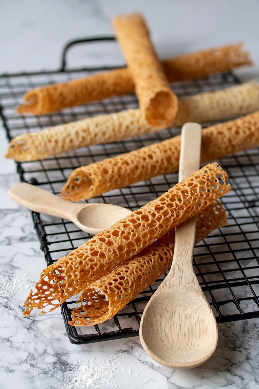 Brandy Snaps, easy Brandy Snaps, homemade Brandy Snaps, holiday Brandy Snaps, crispy Brandy Snaps - The image shows thin, golden brown lace cookies with a holey texture placed on a black cooling rack, lying on a white marbled surface. There are several rolled cookies scattered around, with two partially wrapped around the handles of light wooden spoons positioned diagonally in the front center of the image. The lace patterns are delicate and lacy, and the cookies appear crispy and slightly shiny. The wooden spoons have a natural grain and smooth texture. Photo taken with an iphone --ar 2:3 --v 7