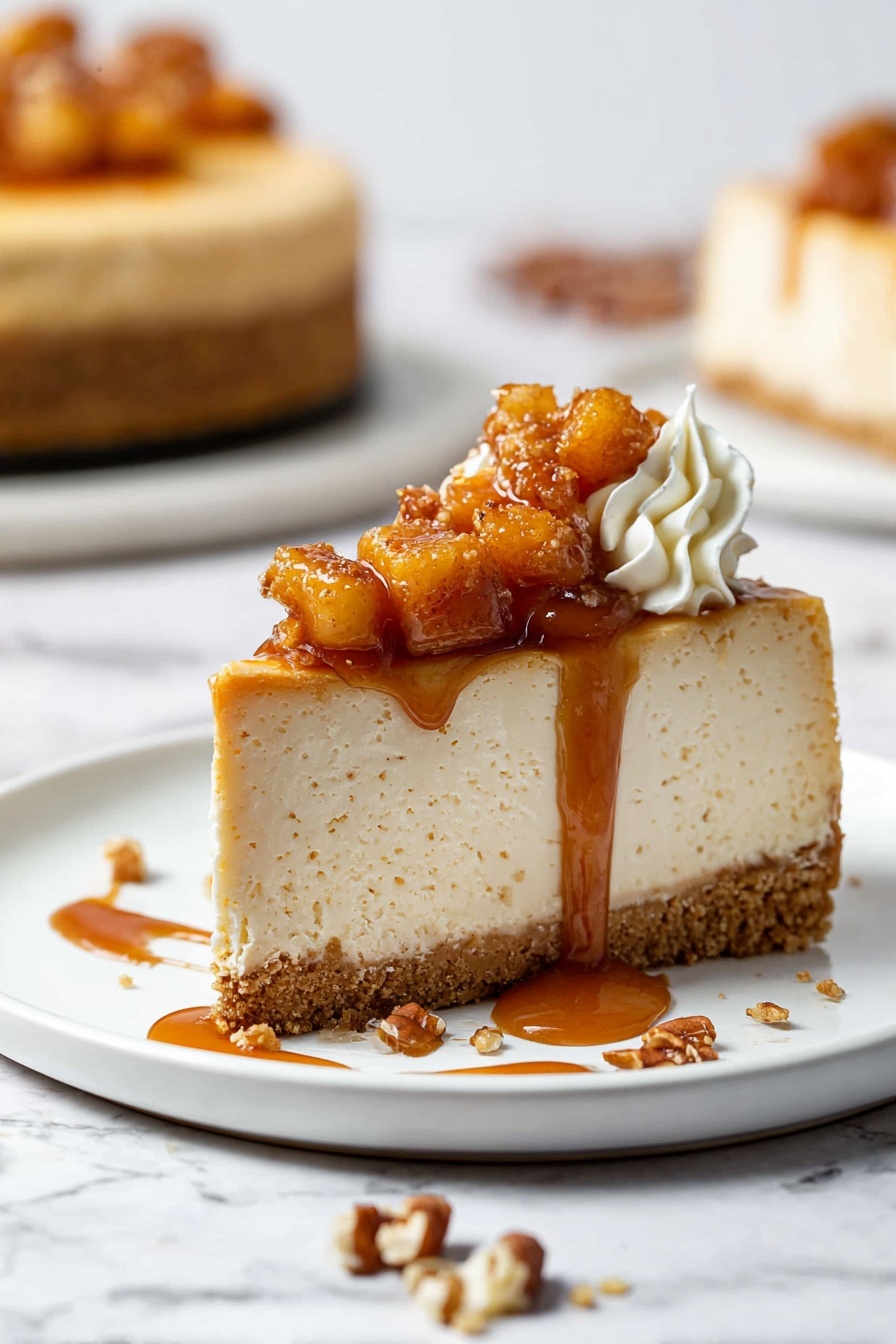 Caramel Apple Cheesecake, caramel apple cheesecake recipe, apple cheesecake with caramel, easy caramel apple dessert, creamy apple cheesecake - A slice of cheesecake with three layers is shown on a white plate. The bottom layer is a crumbly, light brown crust. The middle layer is thick, creamy, and pale beige with tiny specks. The top layer has a mix of caramelized, golden-brown small fruit pieces covered in shiny brown syrup that drips down the side. On one side of the slice, there is a small swirl of white whipped cream. Small nut pieces are scattered around the plate on a white marbled surface. In the background, there is a blurred view of more cheesecake slices on a white plate. Photo taken with an iphone --ar 2:3 --v 7