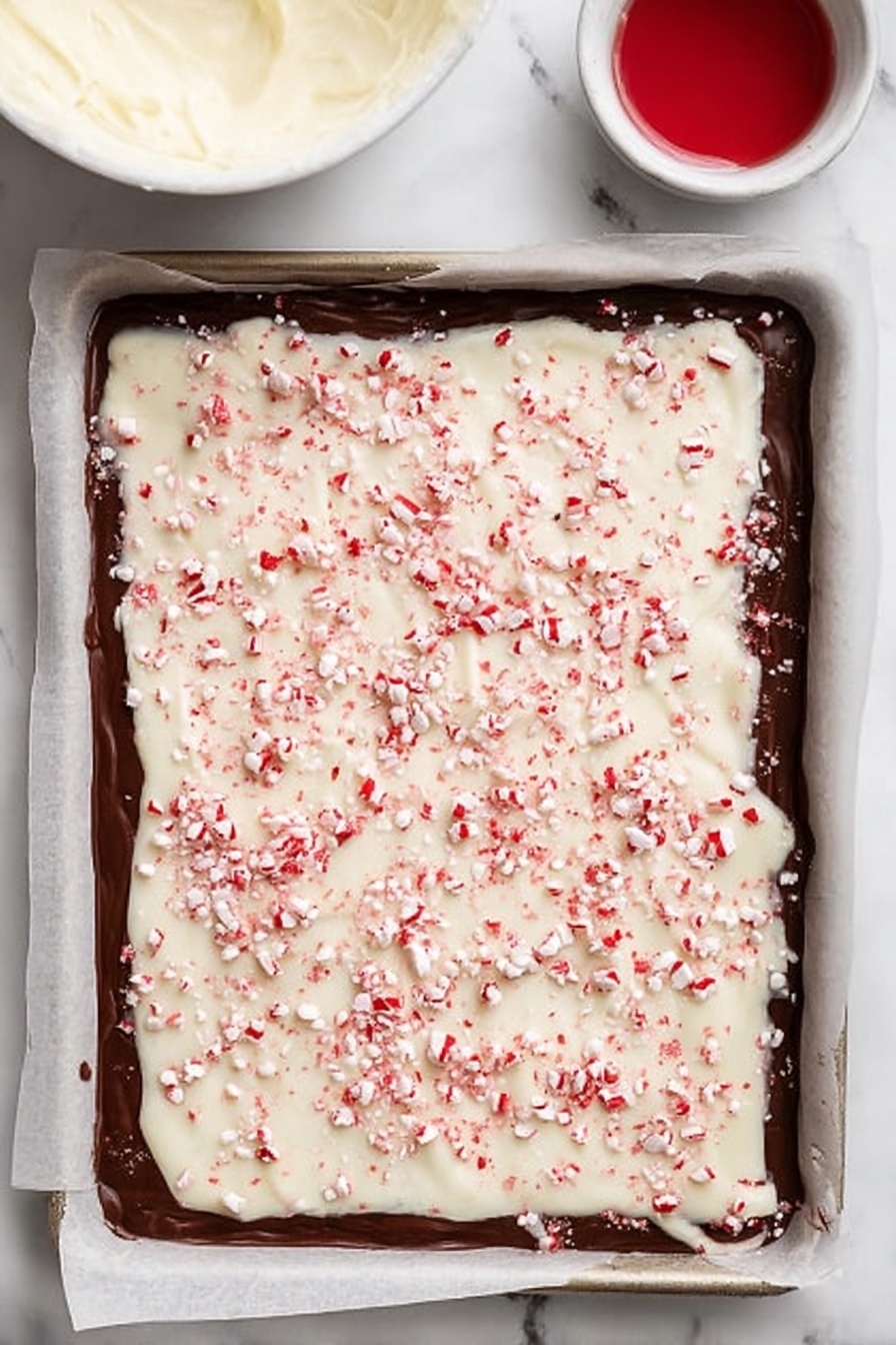 Easy Peppermint Bark, holiday peppermint bark, Christmas chocolate treats, festive peppermint bark recipe, simple holiday dessert - A rectangular baking tray lined with parchment paper holds a layered peppermint bark. The bottom layer is dark chocolate, smooth and shiny with slightly uneven edges extending close to the parchment's border. On top, there is a thick layer of white chocolate, creamy and textured, spread evenly but with natural ripples. The white chocolate layer is sprinkled generously with small, crushed red peppermint pieces scattered across the entire surface, adding a festive red and white contrast. In the top left corner of the image, a small white bowl with a creamy white mixture is partially visible, and a small white bowl with red liquid is nearby on a surface that looks like white marble. Photo taken with an iphone --ar 2:3 --v 7