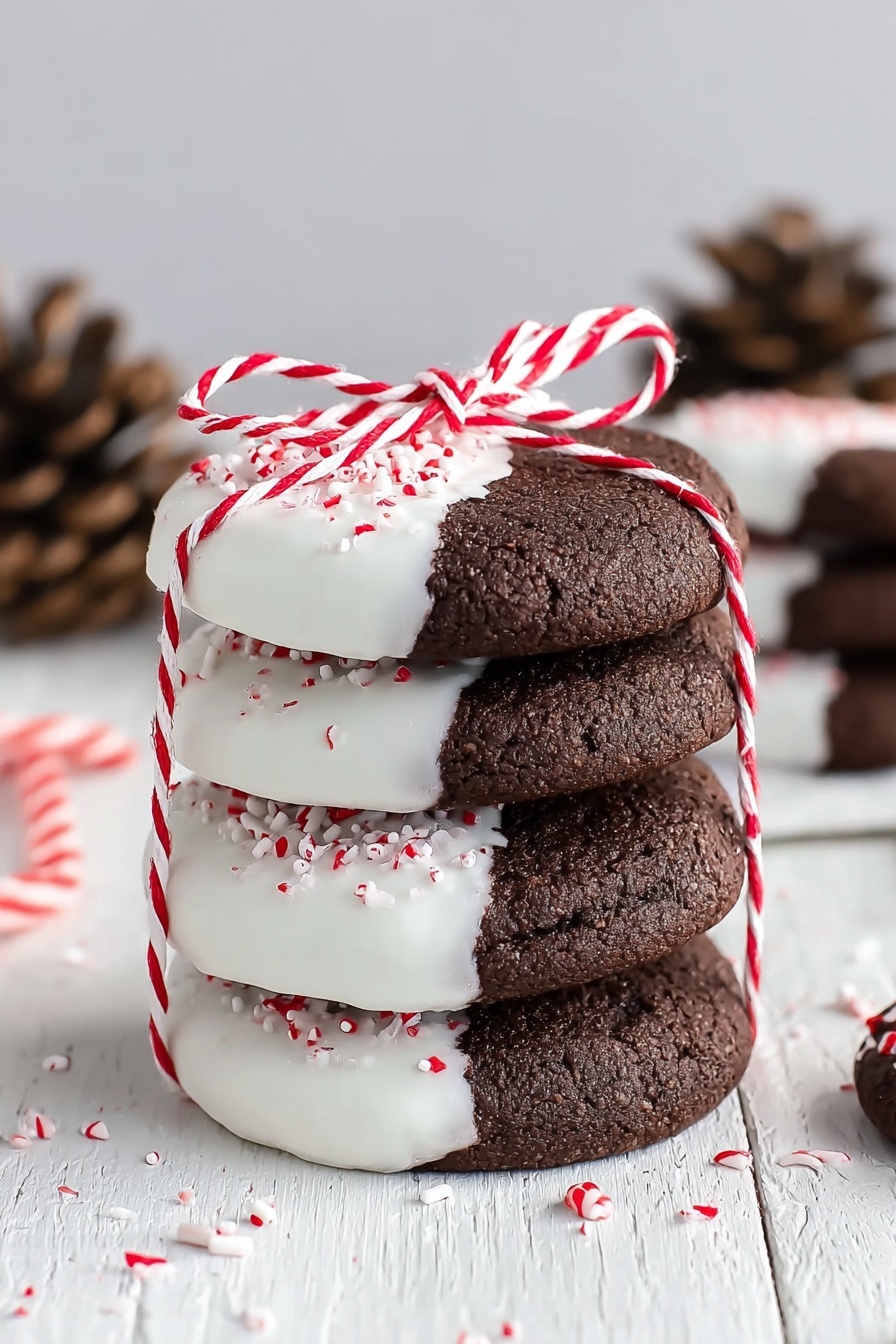 Chocolate Peppermint Candy Cane Cookies, festive holiday cookies, peppermint chocolate cookies, Christmas cookie recipes, easy holiday dessert - A stack of five dark brown round cookies is shown, each half dipped in white icing with small red and white sprinkles on the icing. The cookies are tied together with a thin red and white striped string, forming a bow on top. The texture of the cookies looks soft but firm, and the white icing has a smooth finish with crisp sprinkle bits. They rest on a white wood surface with some scattered sprinkles and pinecones in the blurred background. Photo taken with an iphone --ar 2:3 --v 7