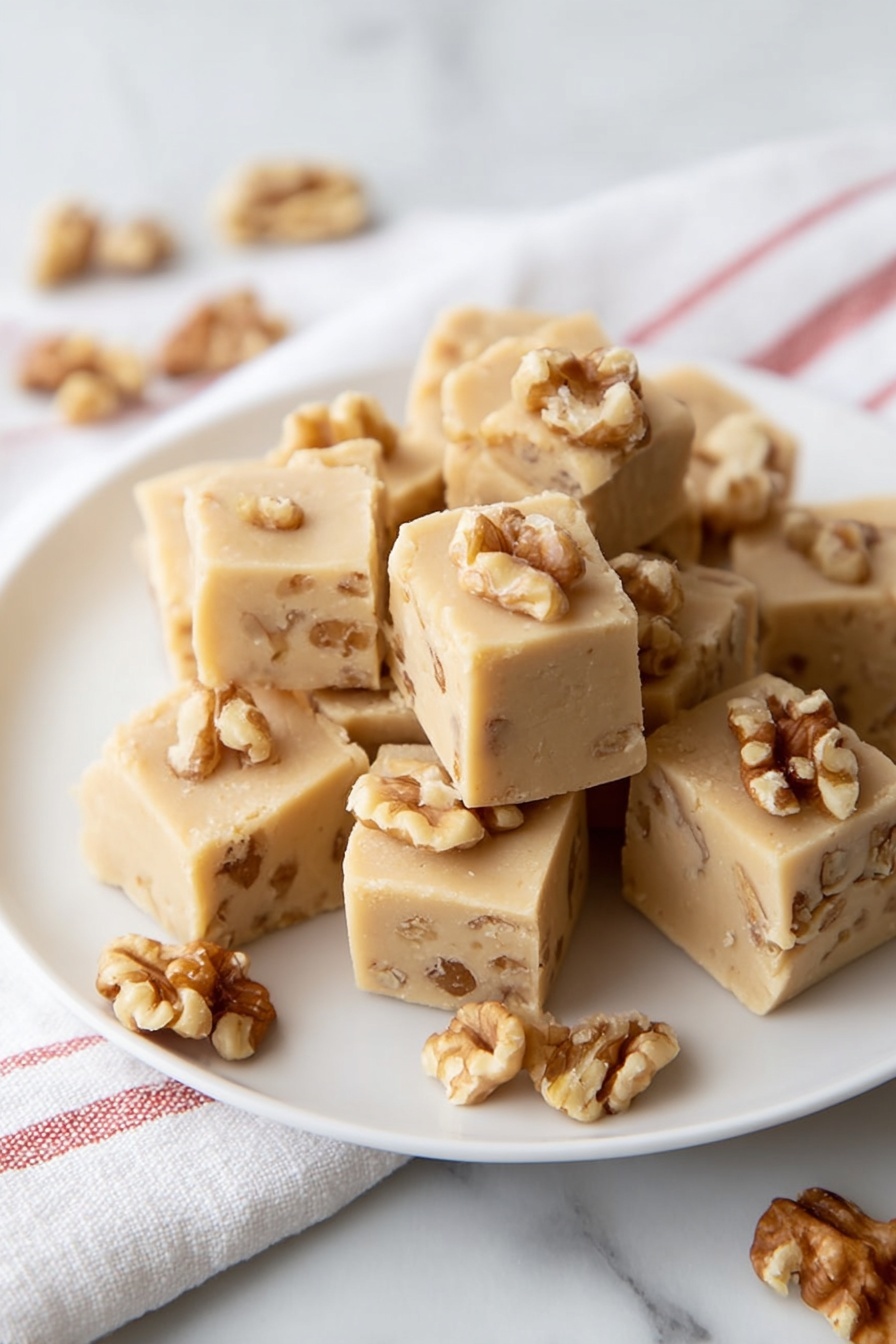 Maple Walnut Fudge, maple walnut fudge recipe, homemade maple fudge, easy fudge with walnuts, cozy maple walnut treats - A white plate holds around ten square pieces of light beige fudge with a smooth but slightly crumbly texture, each piece studded with small chunks of brown walnuts inside and a few walnut pieces on top. Some walnut pieces are scattered around the plate. The plate rests on a white marbled surface with a white cloth that has thin red stripes beside it. The photo taken with an iphone --ar 2:3 --v 7