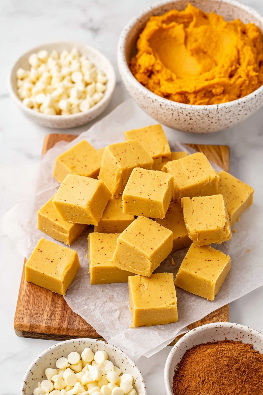 Pumpkin White Chocolate Fudge, pumpkin fudge recipe, white chocolate pumpkin treats, fall pumpkin dessert, easy pumpkin fudge - The image shows many small square pieces of yellow fudge placed on white parchment paper over a wooden board. The fudge pieces are smooth and have a soft texture with slight spice specks visible. Above the fudge, there is a white speckled bowl filled with bright orange pumpkin puree, smooth and thick. In the bottom left corner, there is a white speckled bowl full of white chocolate chips, and at the bottom right, another bowl has a brown powdered spice, likely cinnamon. The whole scene is set on a white marbled surface. photo taken with an iphone --ar 2:3 --v 7