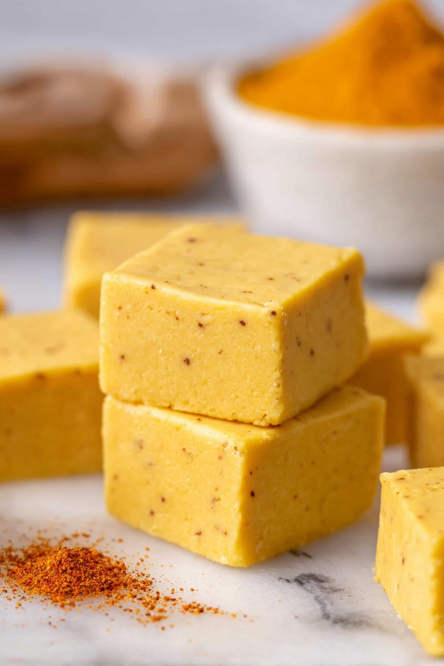 Pumpkin White Chocolate Fudge, pumpkin fudge recipe, white chocolate pumpkin treats, fall pumpkin dessert, easy pumpkin fudge - The image shows several smooth, square pieces of yellow fudge with small specks of spices visible throughout. Two squares are stacked at the center, with more scattered around them on a white marbled surface. In the background, there is a white bowl filled with an orange powder, slightly blurred to keep the focus on the fudge squares. A small amount of the spice is sprinkled near the front on the marbled surface. photo taken with an iphone --ar 2:3 --v 7