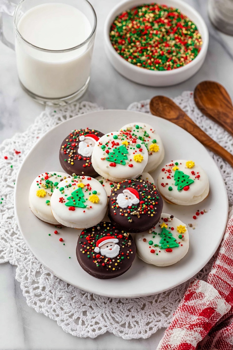 Homemade Peanut Butter Cups, easy peanut butter cups recipe, chocolate peanut butter candies, DIY peanut butter chocolates, homemade chocolate peanut butter treats - A white plate holds about ten small round cookies or candies, layered in a slightly messy pile. The treats come in two types: one with smooth white tops and the other with smooth dark brown tops. Each is decorated with colorful sprinkles in red, green, yellow, and a few red pearls, plus small flat decorations shaped like Christmas trees and Santa faces. The white ones have green, yellow, and red sprinkles with small Christmas shapes. The dark brown ones have similar sprinkles and Christmas tree or Santa decorations. Behind the plate is a clear glass of white milk and a small white bowl filled with the same green, red, and yellow sprinkles. The plate sits on a white marbled surface covered partially by a white lace cloth, and there are wooden measuring spoons to the right side of the plate. photo taken with an iphone --ar 2:3 --v 7