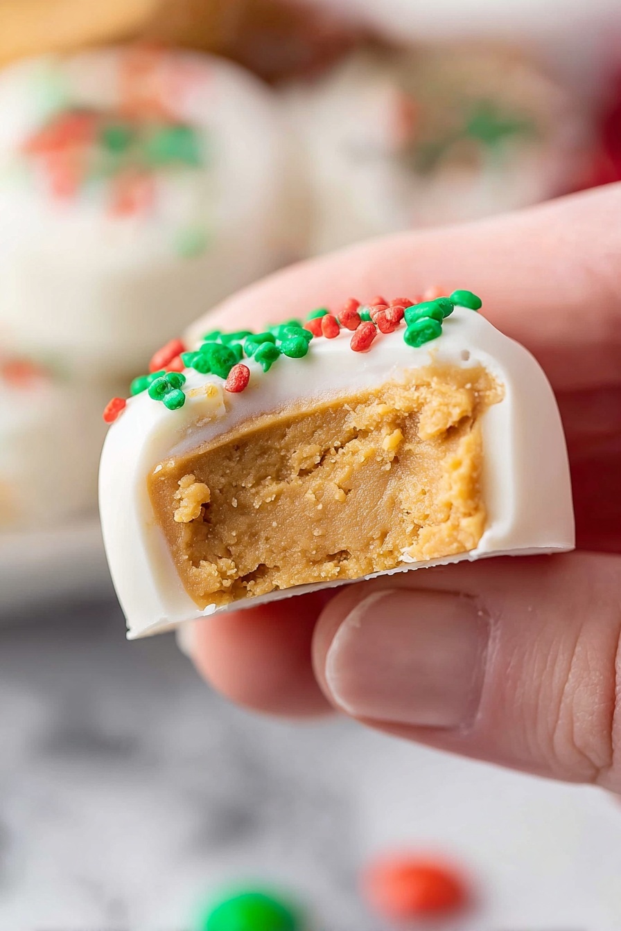 Homemade Peanut Butter Cups, easy peanut butter cups recipe, chocolate peanut butter candies, DIY peanut butter chocolates, homemade chocolate peanut butter treats - A close-up view shows a piece of candy held by a person's fingers with the focus on the candy's interior layers. The candy has two layers: the thick bottom layer is soft and light brown, with a crumbly texture like peanut butter, while the top layer is smooth, white, and looks like a frosting coating with green and red small round sprinkles on top. The background shows blurred white marbled texture and more colorful candies in the distance, out of focus. Photo taken with an iphone --ar 2:3 --v 7