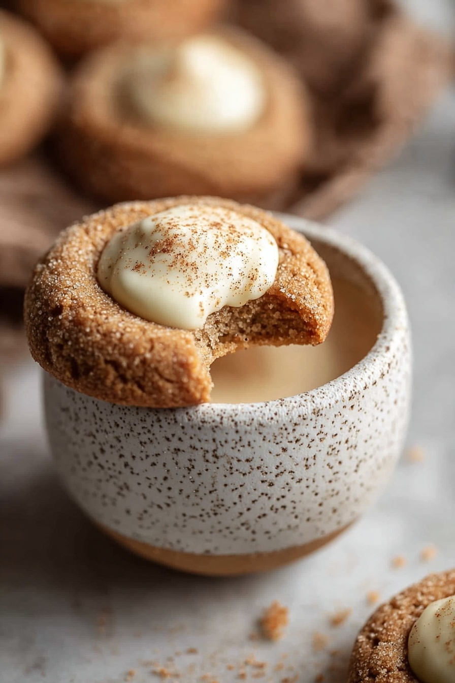 Eggnog Snickerdoodle Thumbprint Cookies, festive holiday cookies, eggnog white chocolate ganache cookies, cinnamon thumbprint cookies, holiday dessert recipes - A close-up of a small round light brown cookie resting on the edge of a white speckled cup filled with a frothy light brown drink. The cookie has a rough, crumbly texture and a bite taken out of it. On top of the cookie, there is a dollop of smooth white cream sprinkled lightly with brown powder. In the blurred background, there are more cookies scattered on a white marbled surface. The overall scene has a warm, cozy feel. photo taken with an iphone --ar 2:3 --v 7