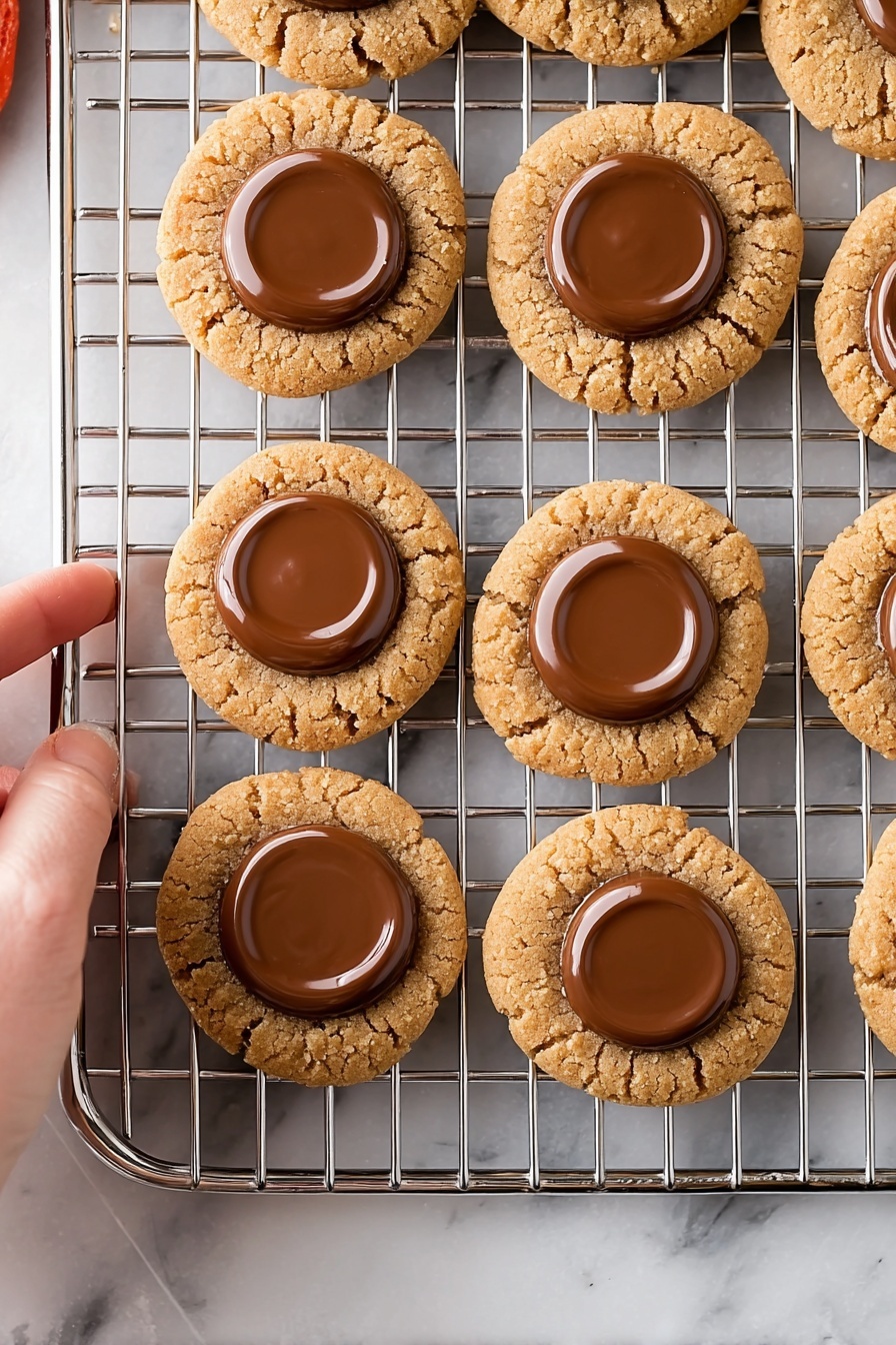 Reese's Peanut Butter Cup Cookies, peanut butter chocolate cookies, easy peanut butter cookies, soft chewy cookie recipes, Reese's dessert ideas - The image shows a group of round cookies arranged on a cooling rack. Each cookie has a light brown, cracked base with a smooth, glossy circle of milk chocolate on top in the center. The cookies have a textured and slightly crumbly look around the edges, contrasting with the shiny chocolate layer. The cooling rack is placed on a flat surface that has a white marbled texture. A woman's hand is partly visible on the left side of the image, about to hold one cookie. photo taken with an iphone --ar 2:3 --v 7