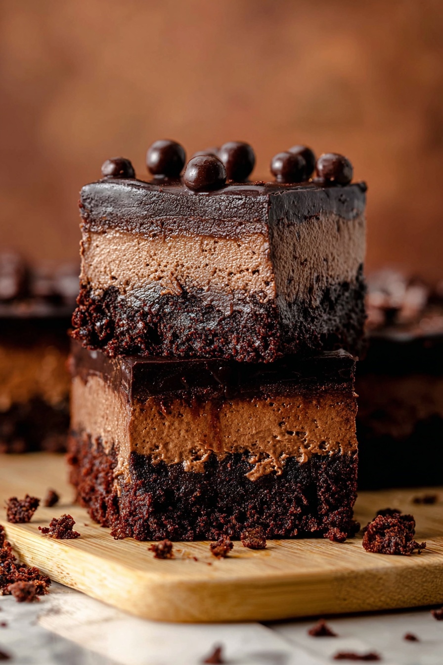 Chocolate Cheesecake Bars with Oreo Crust, Oreo Cheesecake Bars, Fudgy Chocolate Cheesecake Bars, No-Bake Oreo Cheesecake, Easy Chocolate Cheesecake Bars - The image shows a thick chocolate dessert with three layers stacked on a white marbled surface. The bottom layer is dark and crumbly, textured like a firm cookie crust. The middle layer is lighter brown, soft, and mousse-like in texture and thickness. The top layer is a smooth, rich, dark chocolate ganache, glossy and shiny, decorated with small round chocolate balls scattered across the surface. One piece is lifted, showing the clean cut between layers, with the ganache dripping slightly on the edges. Photo taken with an iphone --ar 2:3 --v 7