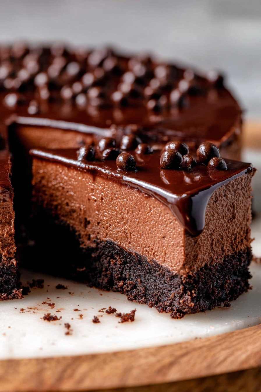 Chocolate Cheesecake Bars with Oreo Crust, Oreo Cheesecake Bars, Fudgy Chocolate Cheesecake Bars, No-Bake Oreo Cheesecake, Easy Chocolate Cheesecake Bars - A stack of two thick square chocolate cheesecake brownies, each with three visible layers: a dark chocolate crumb base at the bottom, a dense milk chocolate cheesecake layer in the middle, and a shiny, smooth dark chocolate ganache topped with small round chocolate balls on top. The brownies sit on a light wooden board with some crumbs scattered around, and the background is softly blurred in warm brown tones over a white marbled surface. The photo taken with an iphone --ar 2:3 --v 7