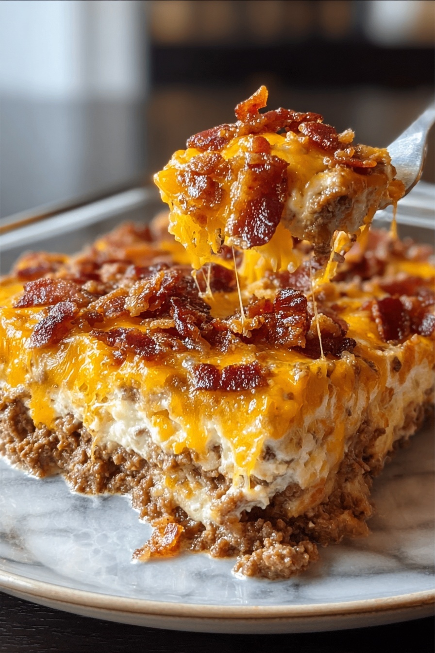 Crack Breakfast Casserole, breakfast casserole recipe, easy breakfast casserole, savory breakfast bake, make-ahead breakfast casserole - A close-up view of a thick slice of layered casserole on a white plate, resting on a white marbled surface. The dish has three main layers: the bottom and middle layers are creamy and light yellow with a soft, cheesy texture, separated by a dense layer of browned cooked ground meat with a crumbly texture and rich brown color. The top layer is a bright melted orange-yellow cheese, generously topped with small, crispy pieces of bacon in dark reddish-brown hues, adding a crunchy texture contrast. The layers are distinct but slightly blended at the edges, making the dish look hearty and rich. photo taken with an iphone --ar 2:3 --v 7