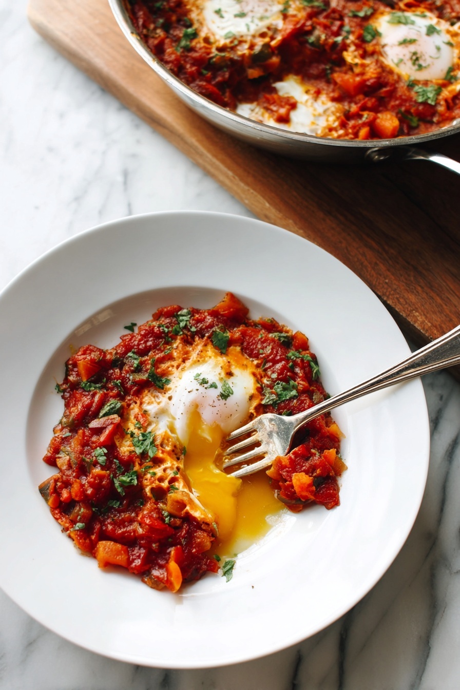 Easy Shakshuka Eggs and Tomatoes, shakshuka breakfast ideas, simple shakshuka recipe, healthy egg dishes, flavorful tomato sauce recipes - A white pan filled with three visible cooked eggs with bright yellow yolks sitting on a thick layer of red tomato sauce mixed with chunks of cooked vegetables and spices. Fresh green herbs are sprinkled on top of the eggs and sauce, adding contrast. A large silver spoon is resting inside the pan, scooping some sauce near one egg. In the blurred background, there are stacks of white plates and a bunch of fresh green herbs on a white marbled surface. Photo taken with an iphone --ar 2:3 --v 7