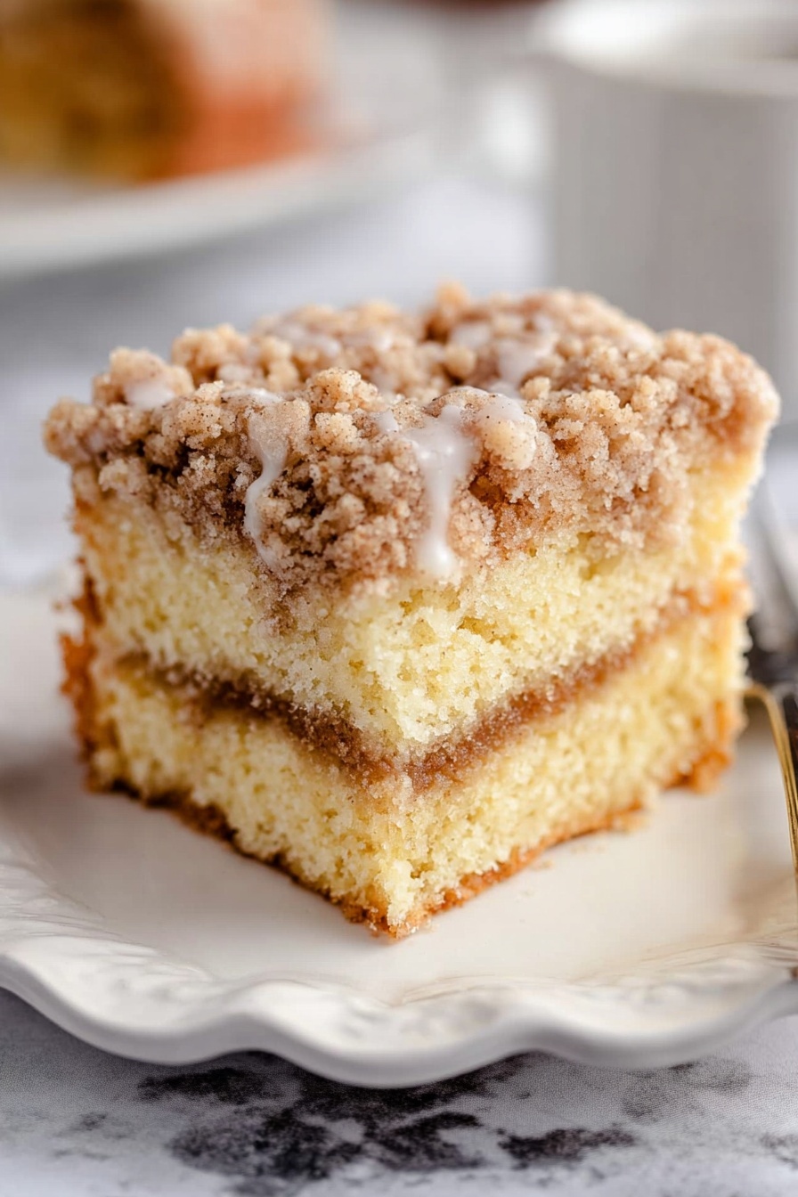 Sour Cream Coffee Cake with Streusel Glaze, coffee cake with streusel topping, moist sour cream coffee cake, easy coffee cake recipe, brunch coffee cake - A single square piece of crumb cake sits on a white scalloped plate, placed on a white marbled surface. The cake has three layers: the bottom and top layers are light golden yellow and soft, the middle layer is a thin strip of brown filling, and the top layer is covered with a crumbly streusel topping that is golden brown. A light white glaze drizzles unevenly down the sides of the cake, adding a shiny texture. The background is softly blurred, keeping the focus on the cake. photo taken with an iphone --ar 2:3 --v 7